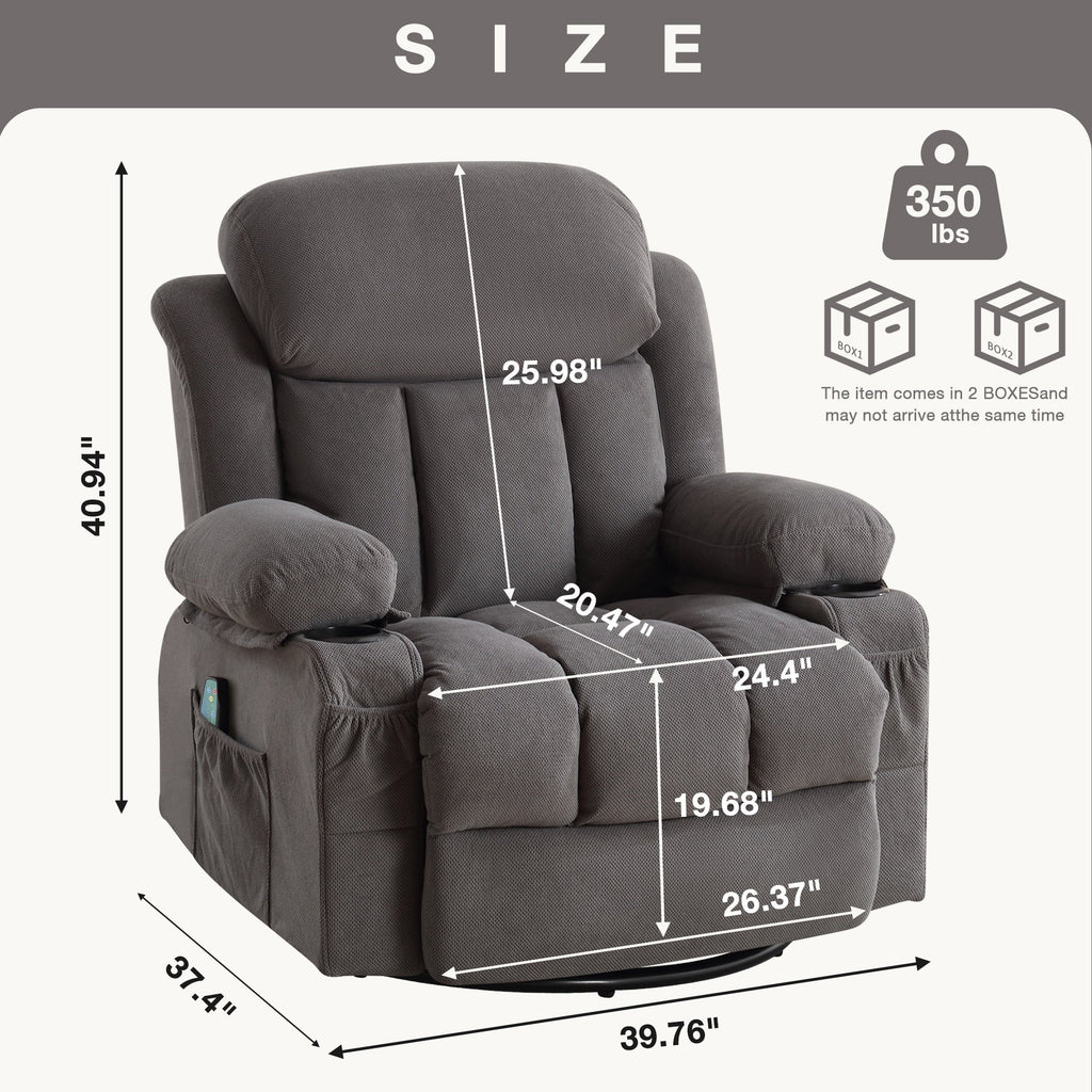 Fauteuil inclinable chauffant de massage en velours à pois avec base pivotante à 360°