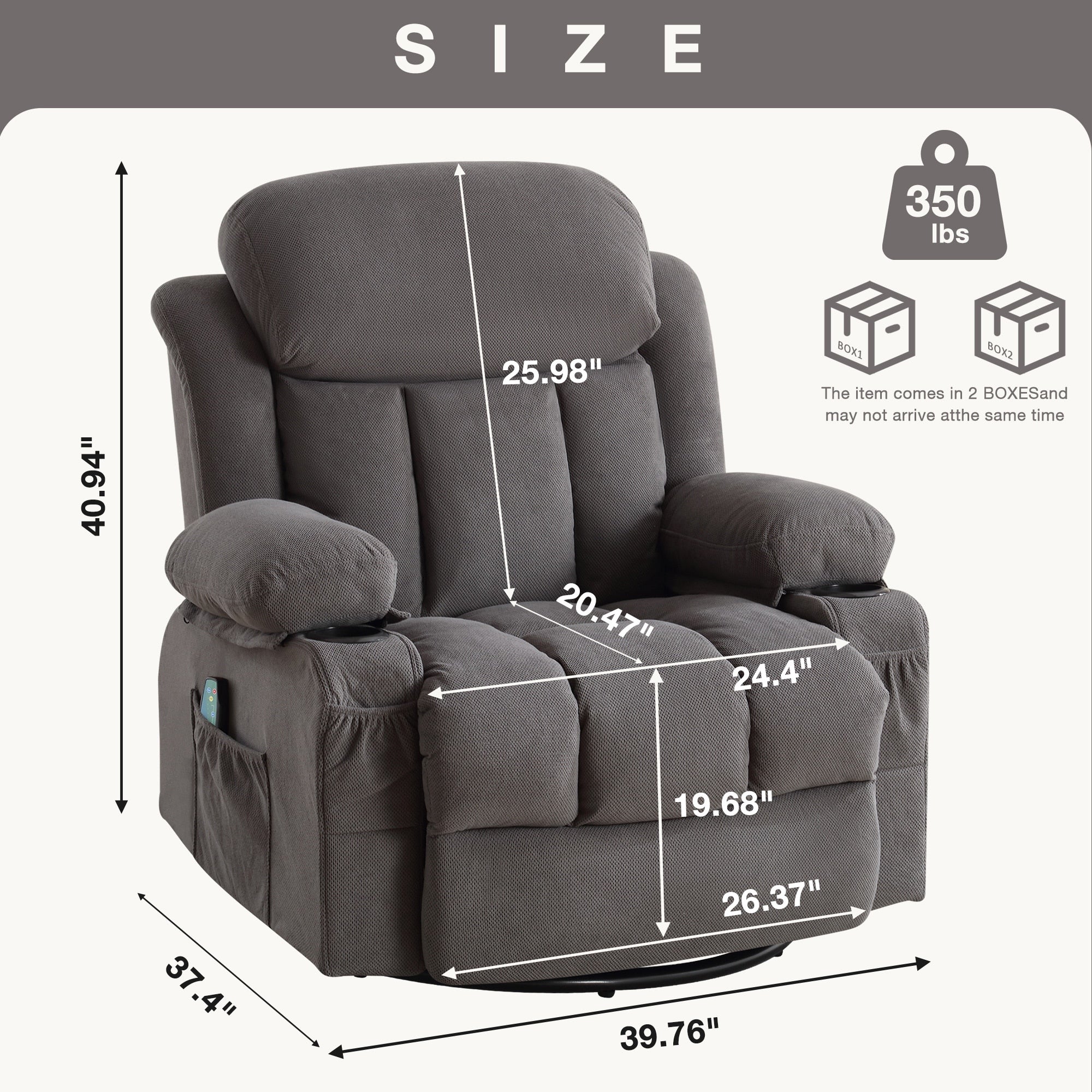 Fauteuil inclinable chauffant de massage en velours à pois avec base pivotante à 360°