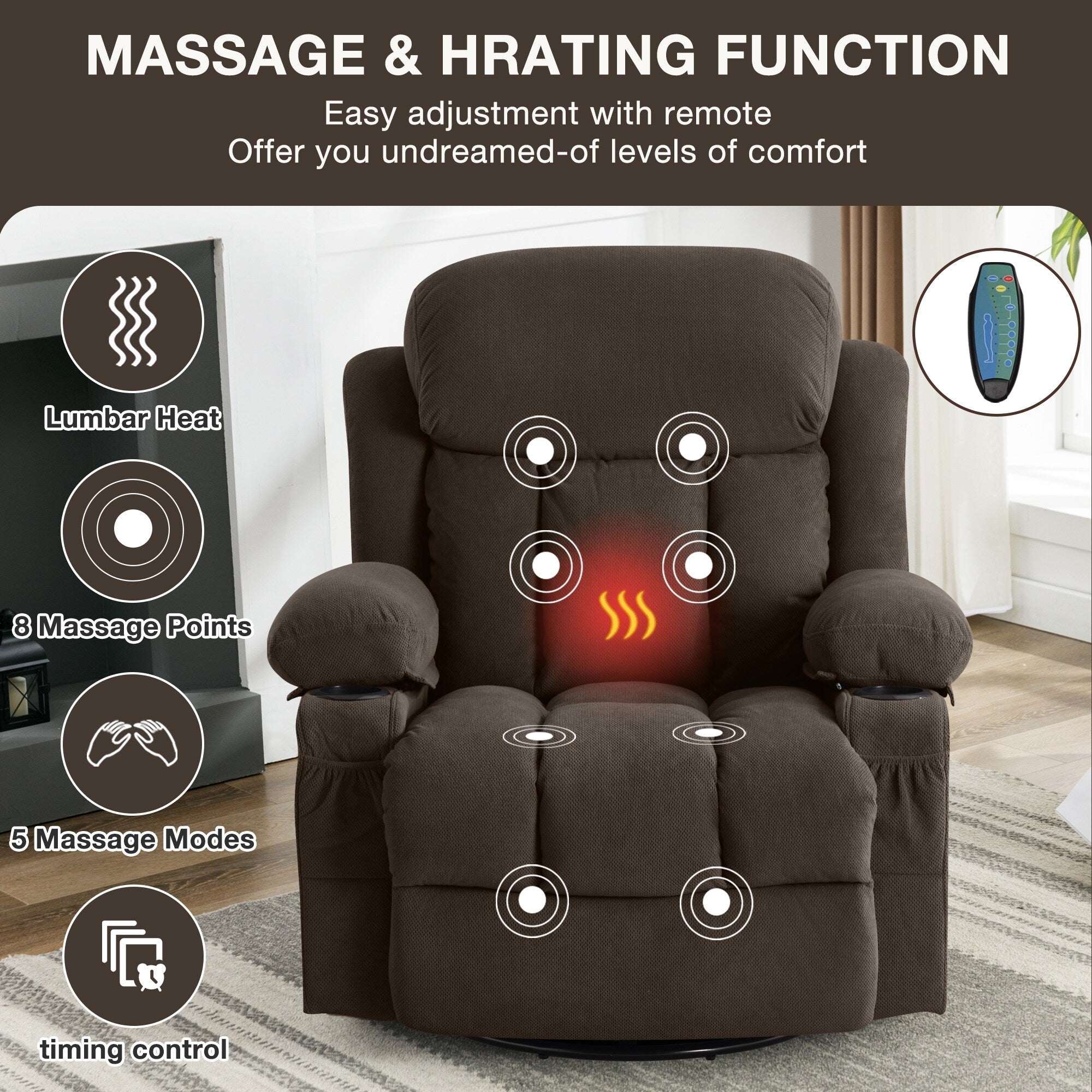 Fauteuil inclinable chauffant de massage en velours à pois avec base pivotante à 360°
