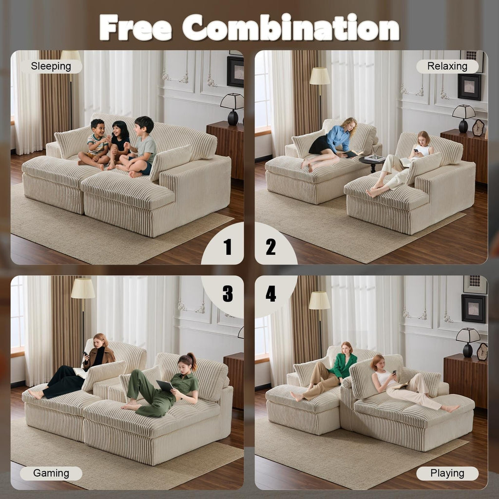 Chaise longue double d'intérieur, canapé-lit rembourré surdimensionné, chaise longue sectionnelle en velours côtelé, sans assemblage