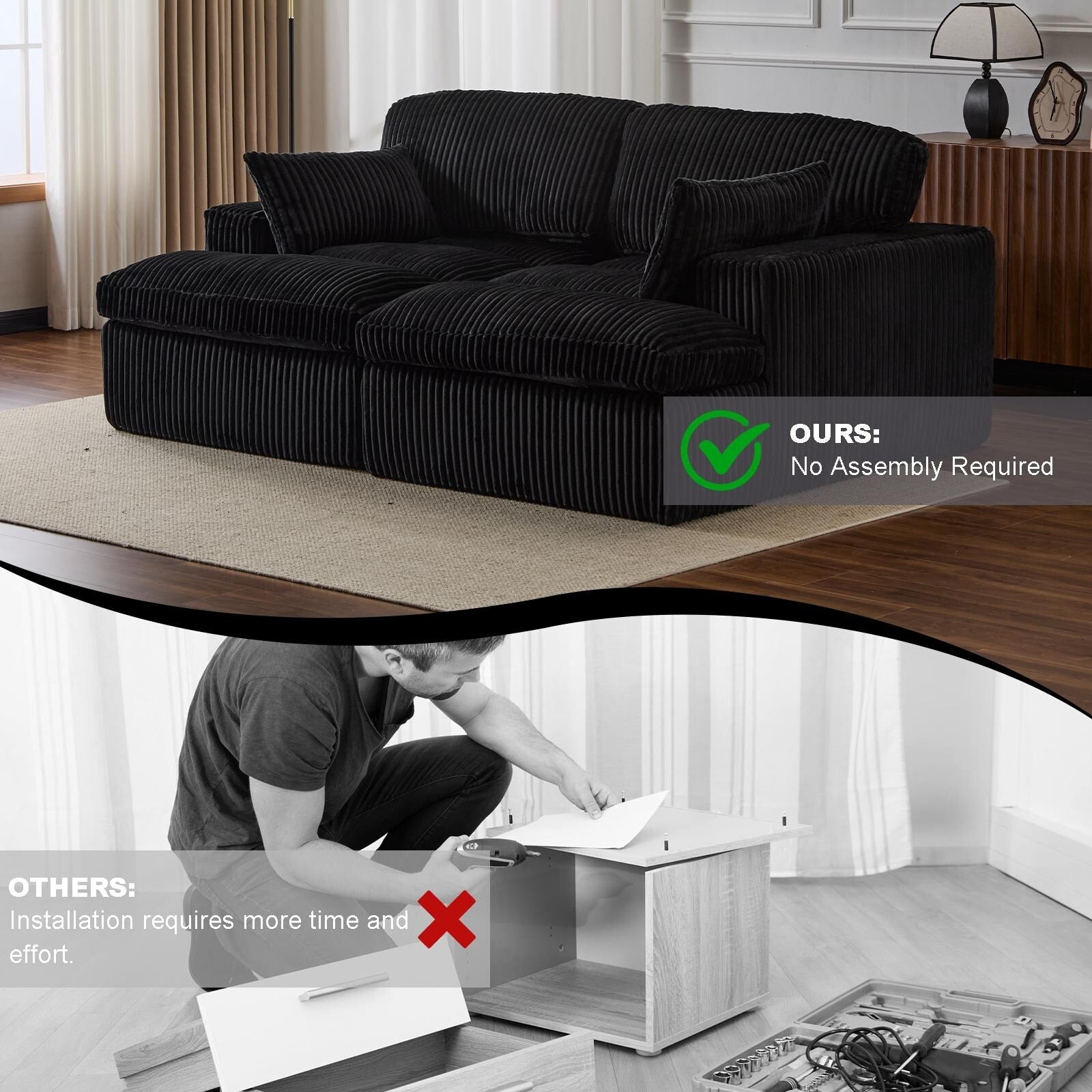 Chaise longue double d'intérieur, canapé-lit rembourré surdimensionné, chaise longue sectionnelle en velours côtelé, sans assemblage