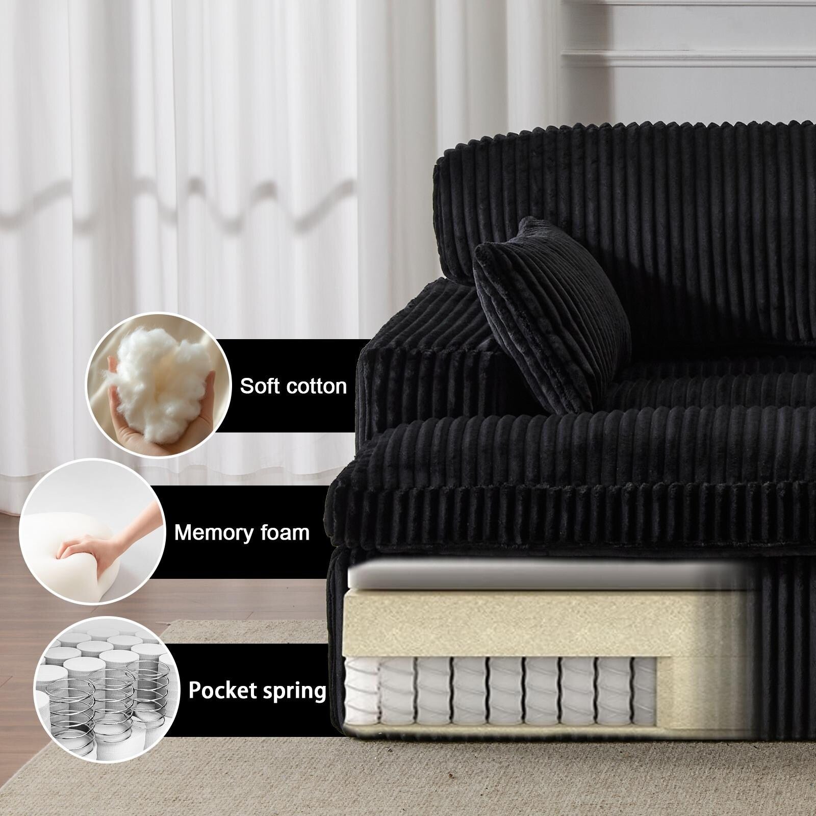 Chaise longue double d'intérieur, canapé-lit rembourré surdimensionné, chaise longue sectionnelle en velours côtelé, sans assemblage