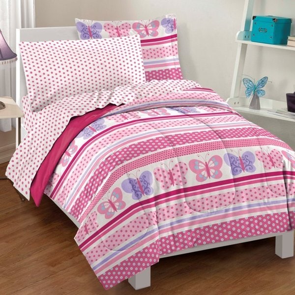 Parure de lit 7 pièces Dream Factory Butterfly Dots Pink avec draps