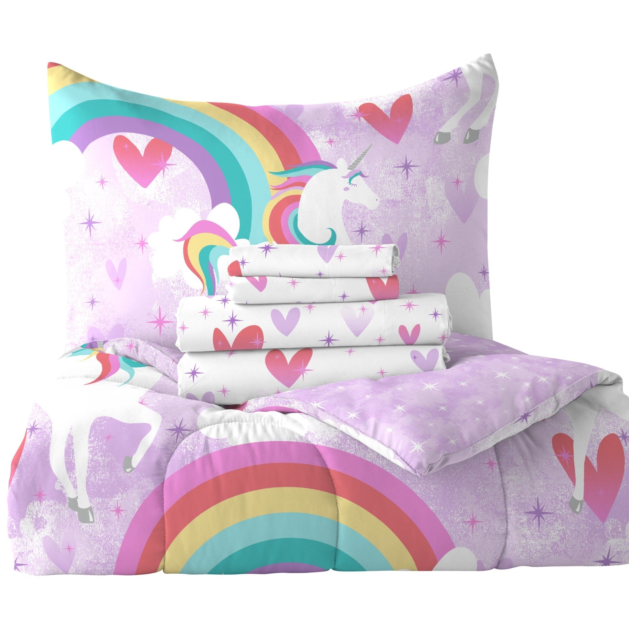 Parure de lit 7 pièces en microfibre Dream Factory Unicorn Rainbow avec draps