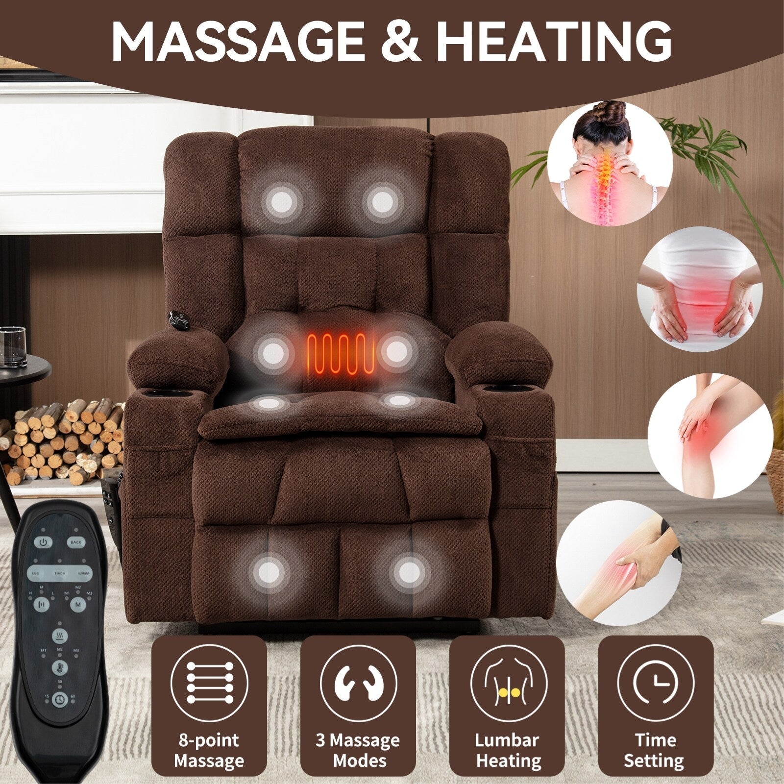 Fauteuil inclinable électrique à double moteur en chenille pour personnes âgées, canapé de salon Lazy Boy avec massage, chauffage et deux porte-gobelets