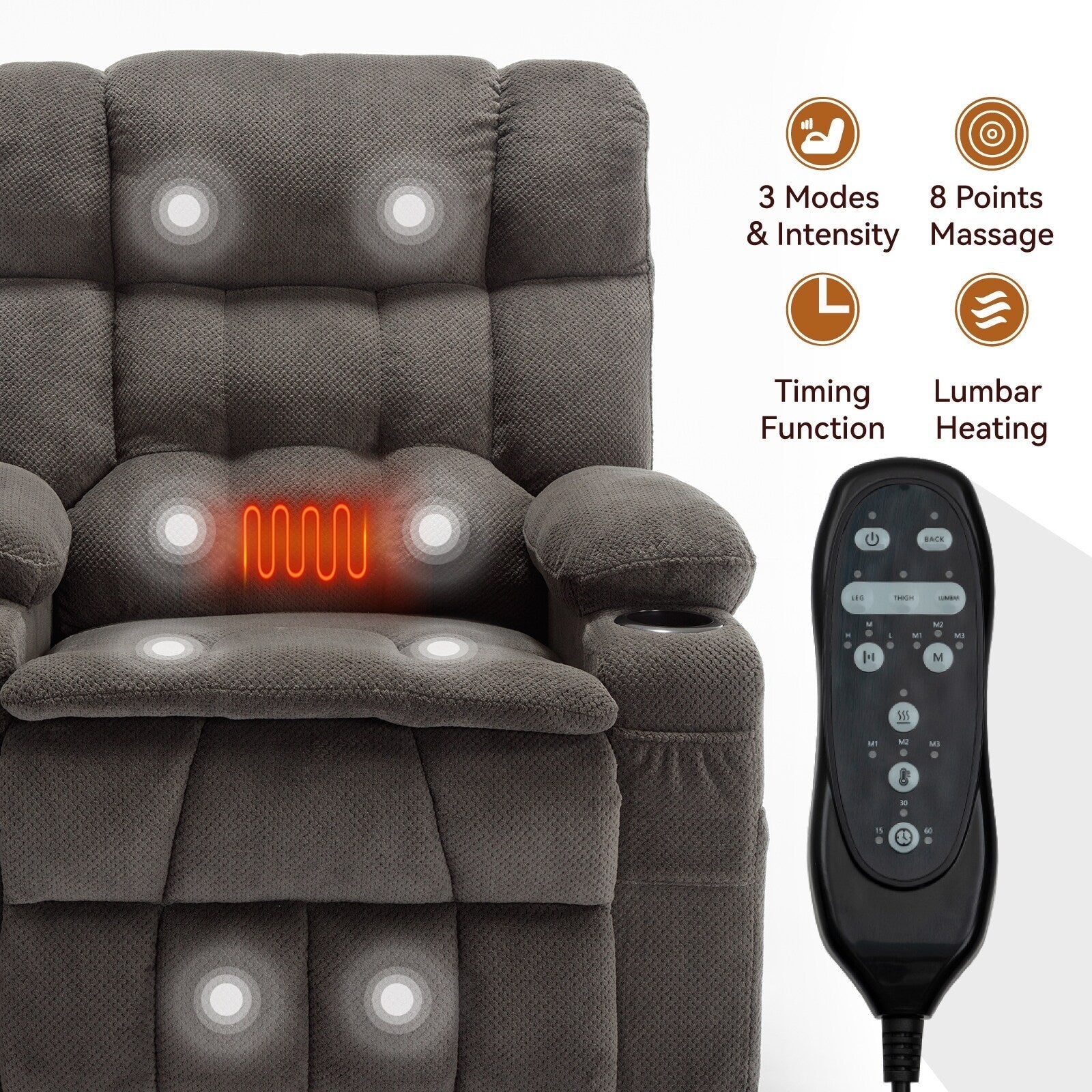 Fauteuil inclinable électrique à double moteur en chenille pour personnes âgées, canapé de salon Lazy Boy avec massage, chauffage et deux porte-gobelets