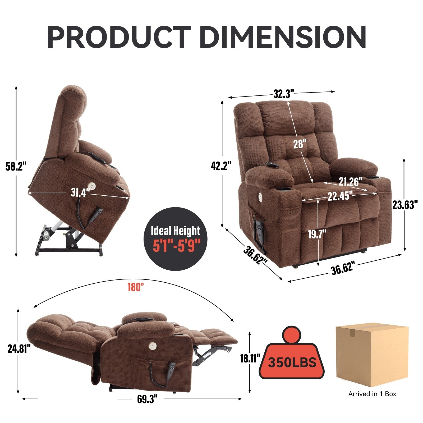 Fauteuil inclinable électrique à double moteur en chenille pour personnes âgées, canapé de salon Lazy Boy avec massage, chauffage et deux porte-gobelets