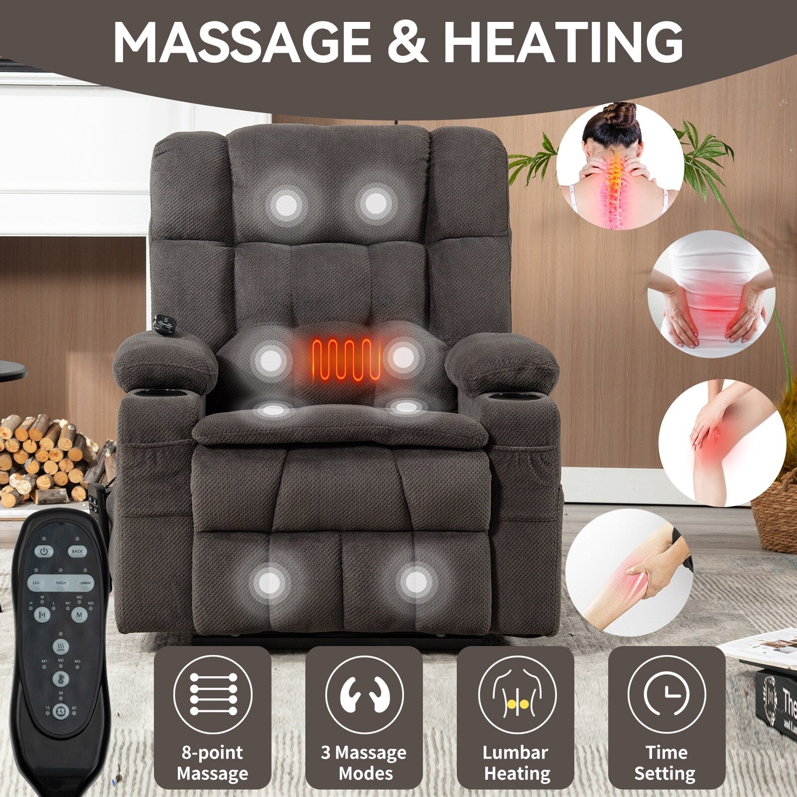 Fauteuil inclinable électrique à double moteur en chenille pour personnes âgées, canapé de salon Lazy Boy avec massage, chauffage et deux porte-gobelets