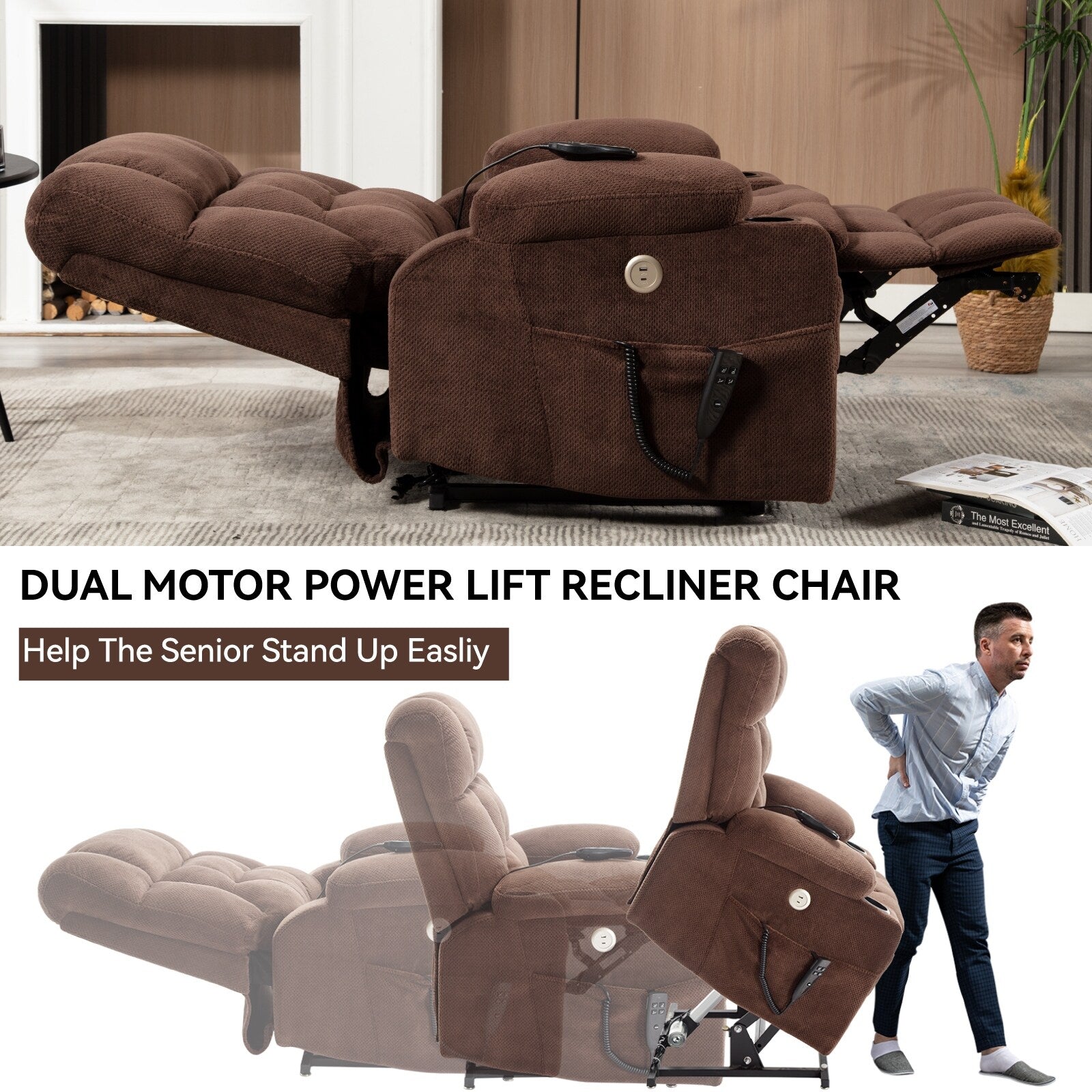 Fauteuil inclinable électrique à double moteur en chenille pour personnes âgées, canapé de salon Lazy Boy avec massage, chauffage et deux porte-gobelets