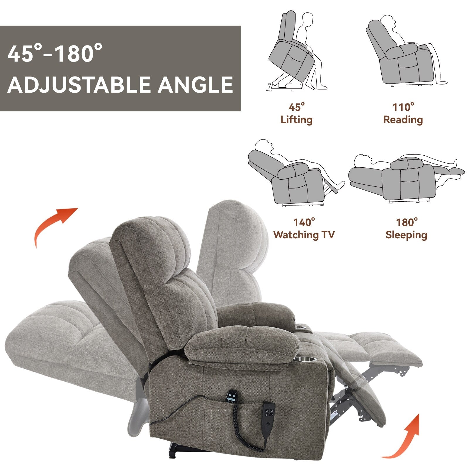 Fauteuil inclinable électrique à double moteur en chenille, mécanisme de mouvement robuste avec massage et chauffage lombaire, deux porte-gobelets