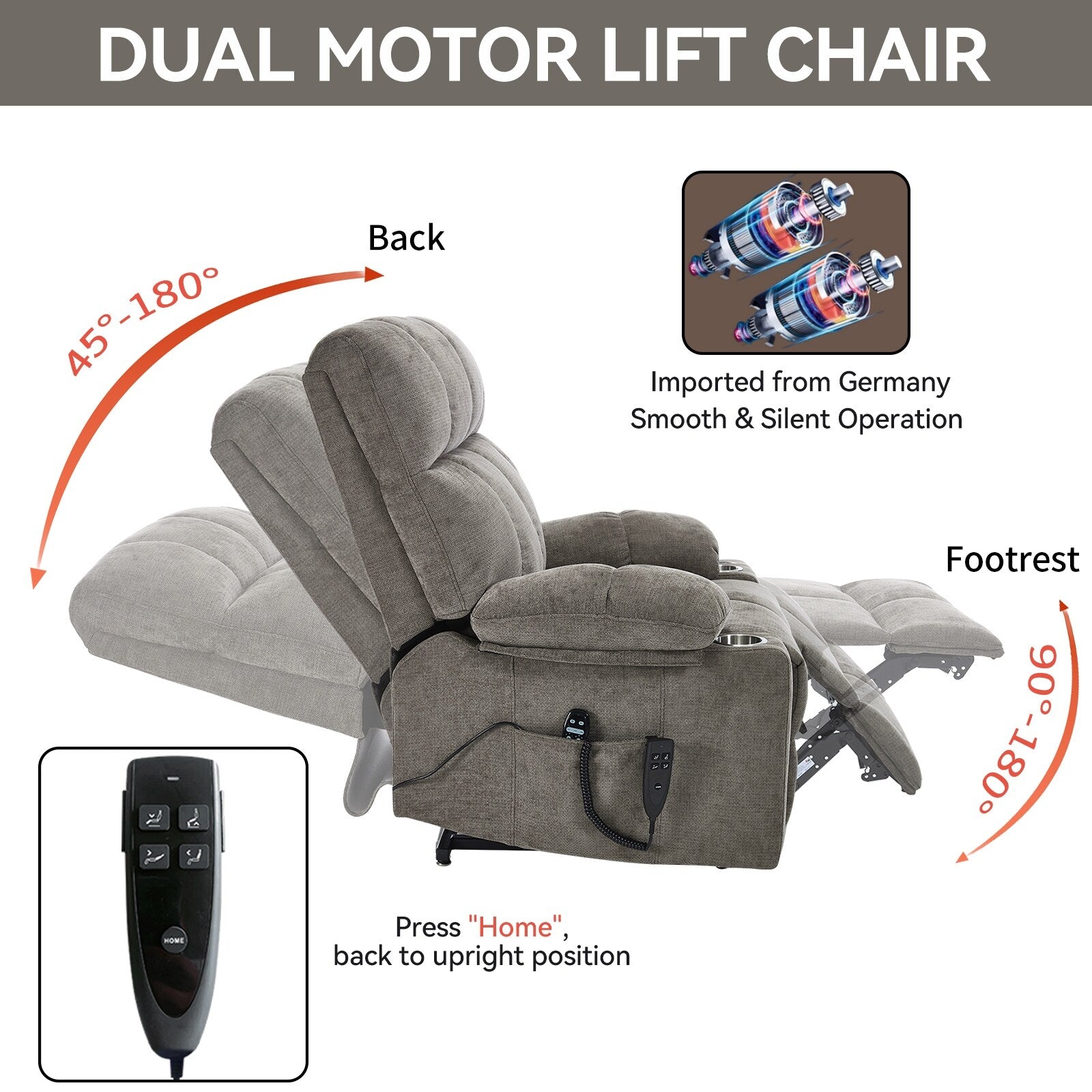 Fauteuil inclinable électrique à double moteur en chenille, mécanisme de mouvement robuste avec massage et chauffage lombaire, deux porte-gobelets