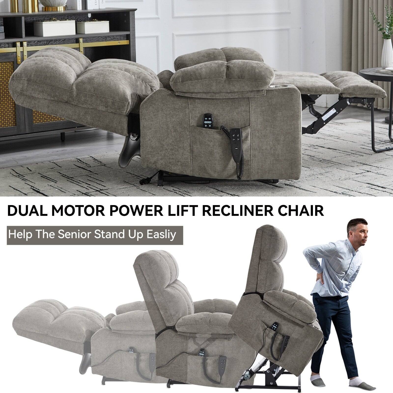 Fauteuil inclinable électrique à double moteur en chenille, mécanisme de mouvement robuste avec massage et chauffage lombaire, deux porte-gobelets