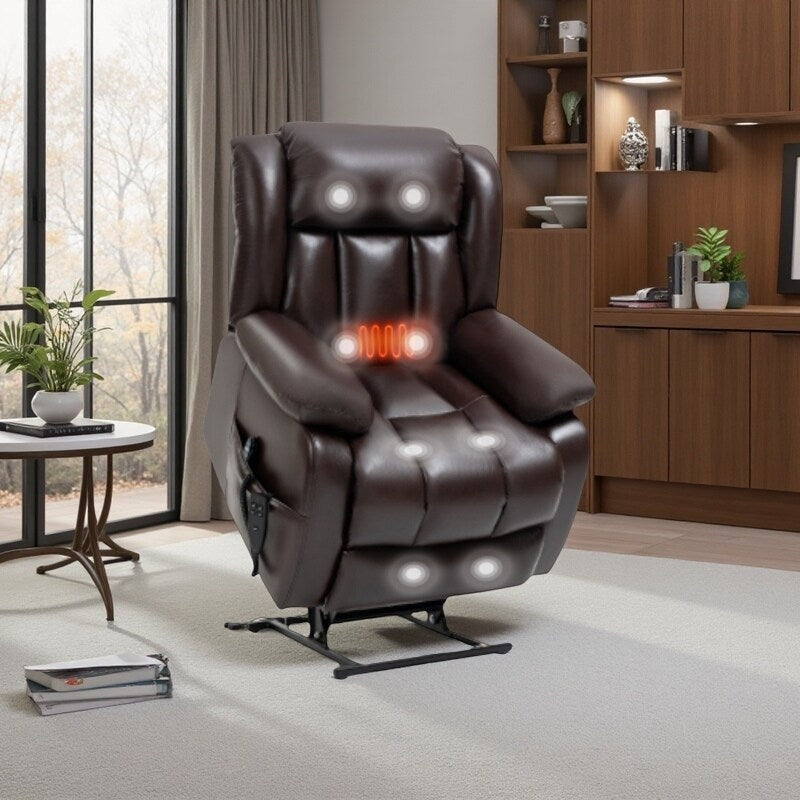 Fauteuil inclinable électrique à double moteur avec massage à 8 points, chauffage lombaire et revêtement en cuir véritable