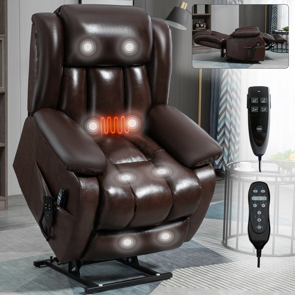 Fauteuil inclinable électrique à double moteur avec massage à 8 points, chauffage lombaire et revêtement en cuir véritable