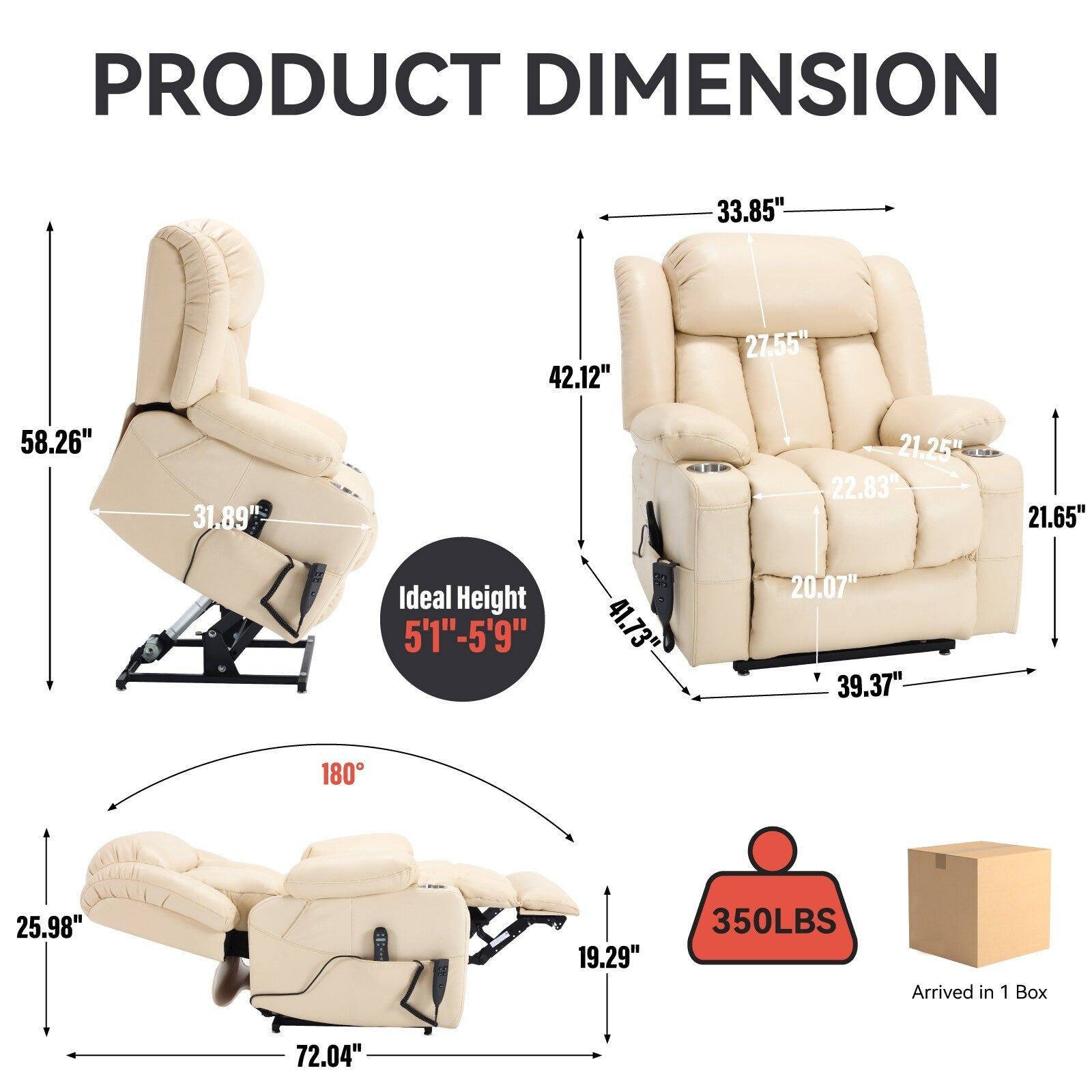 Fauteuil inclinable électrique à double moteur en similicuir pour adulte, canapé inclinable simple avec massage, chauffage lombaire et porte-gobelets