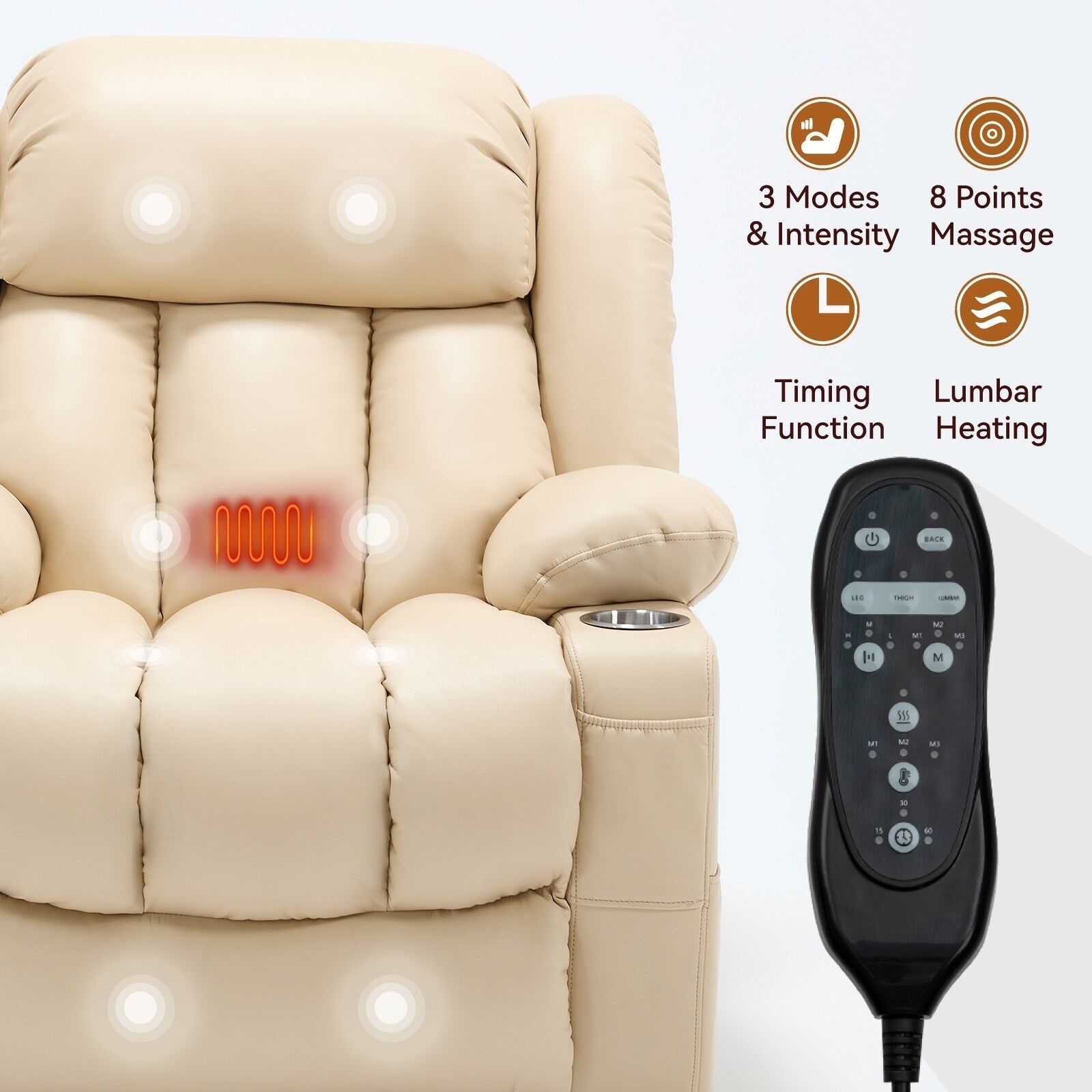 Fauteuil inclinable électrique à double moteur en similicuir pour adulte, canapé inclinable simple avec massage, chauffage lombaire et porte-gobelets