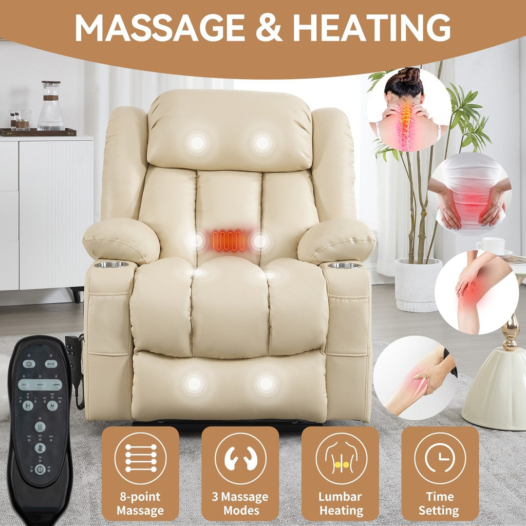Fauteuil inclinable électrique à double moteur en similicuir pour adulte, canapé inclinable simple avec massage, chauffage lombaire et porte-gobelets