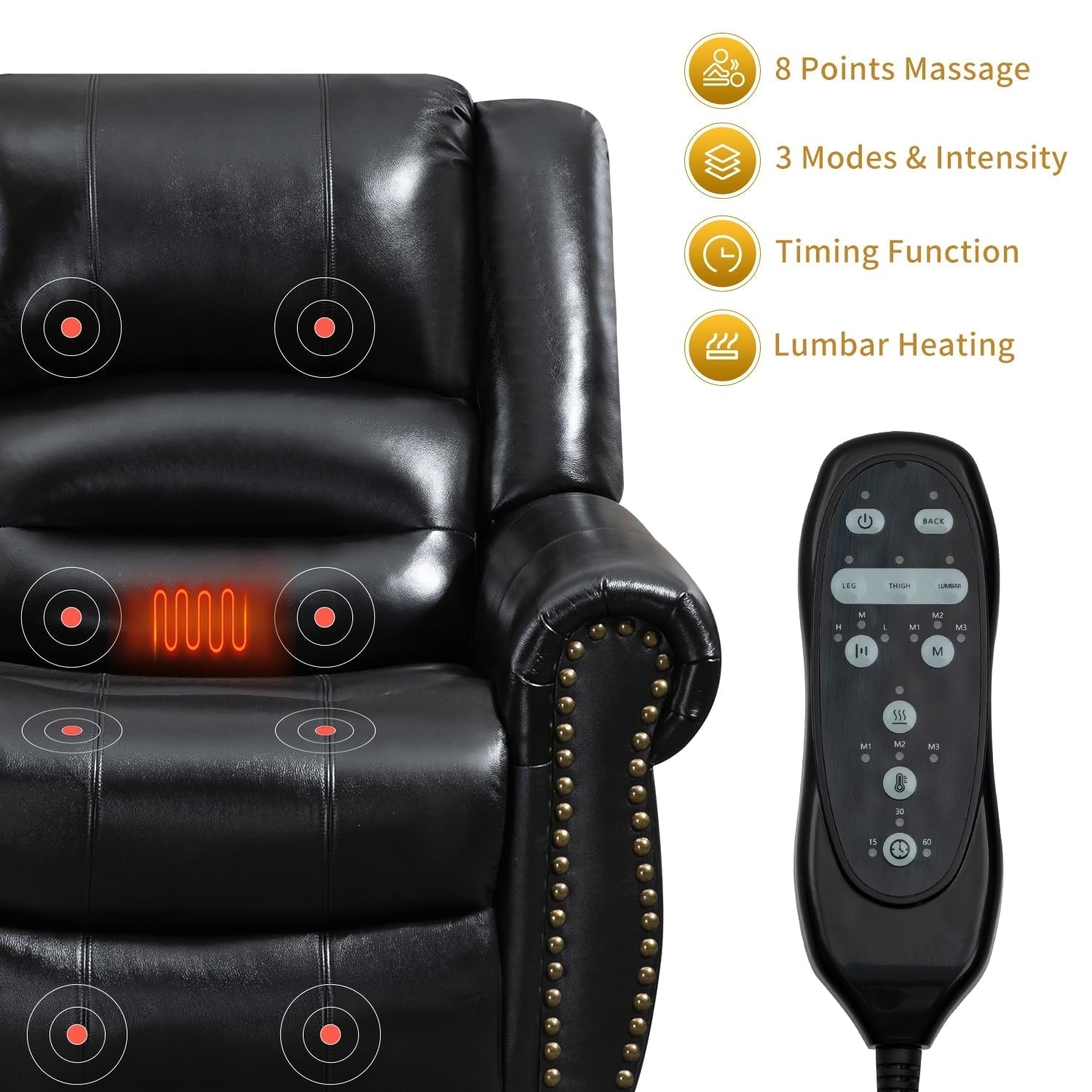 Fauteuils inclinables releveurs en cuir véritable à deux moteurs, chauffage massant et ports USB