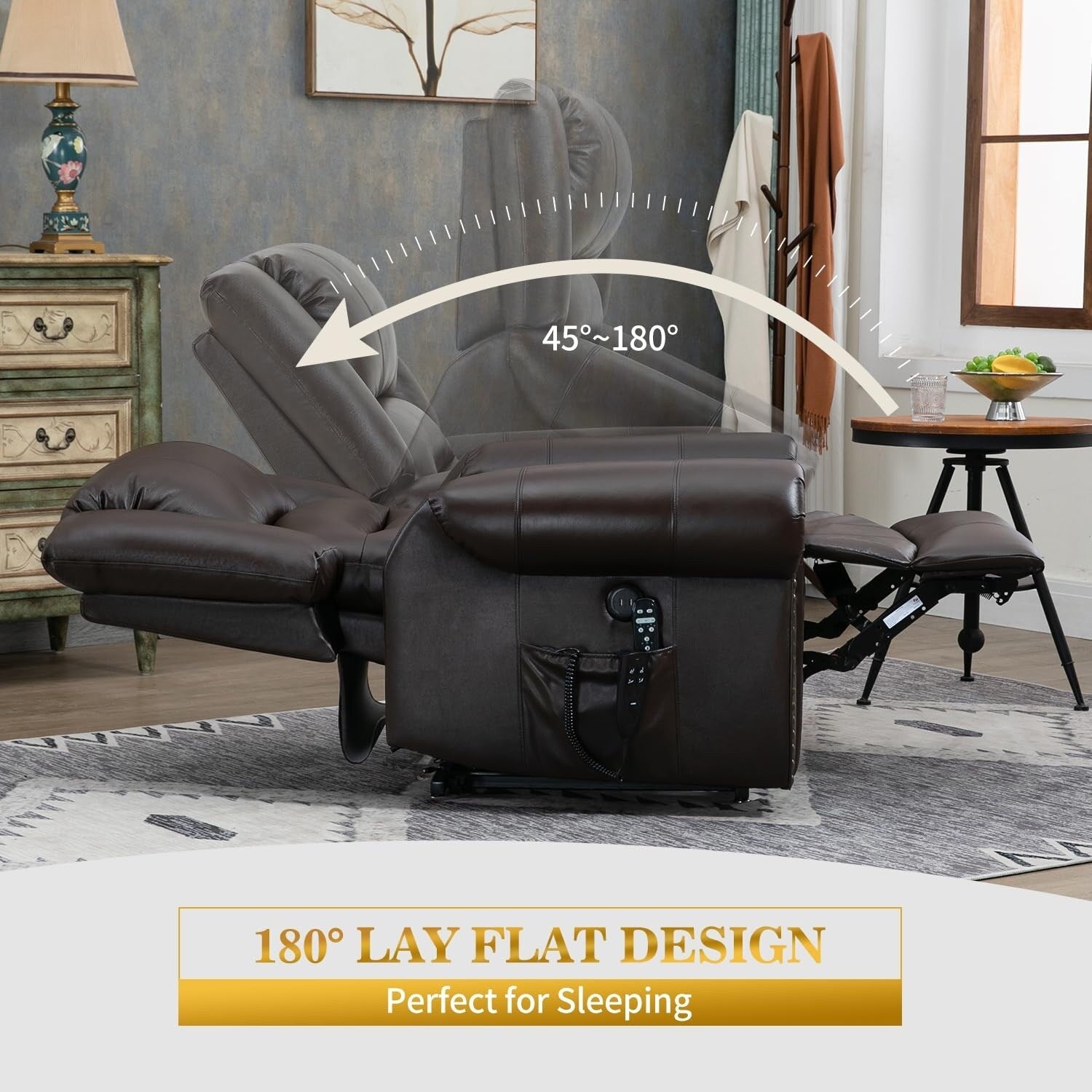 Fauteuils inclinables releveurs en cuir véritable à deux moteurs, chauffage massant et ports USB
