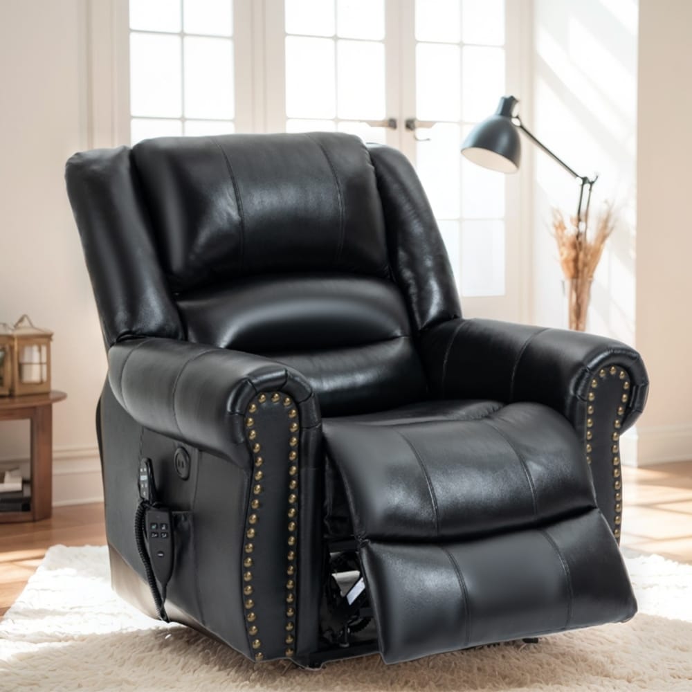 Fauteuils inclinables releveurs en cuir véritable à deux moteurs, chauffage massant et ports USB