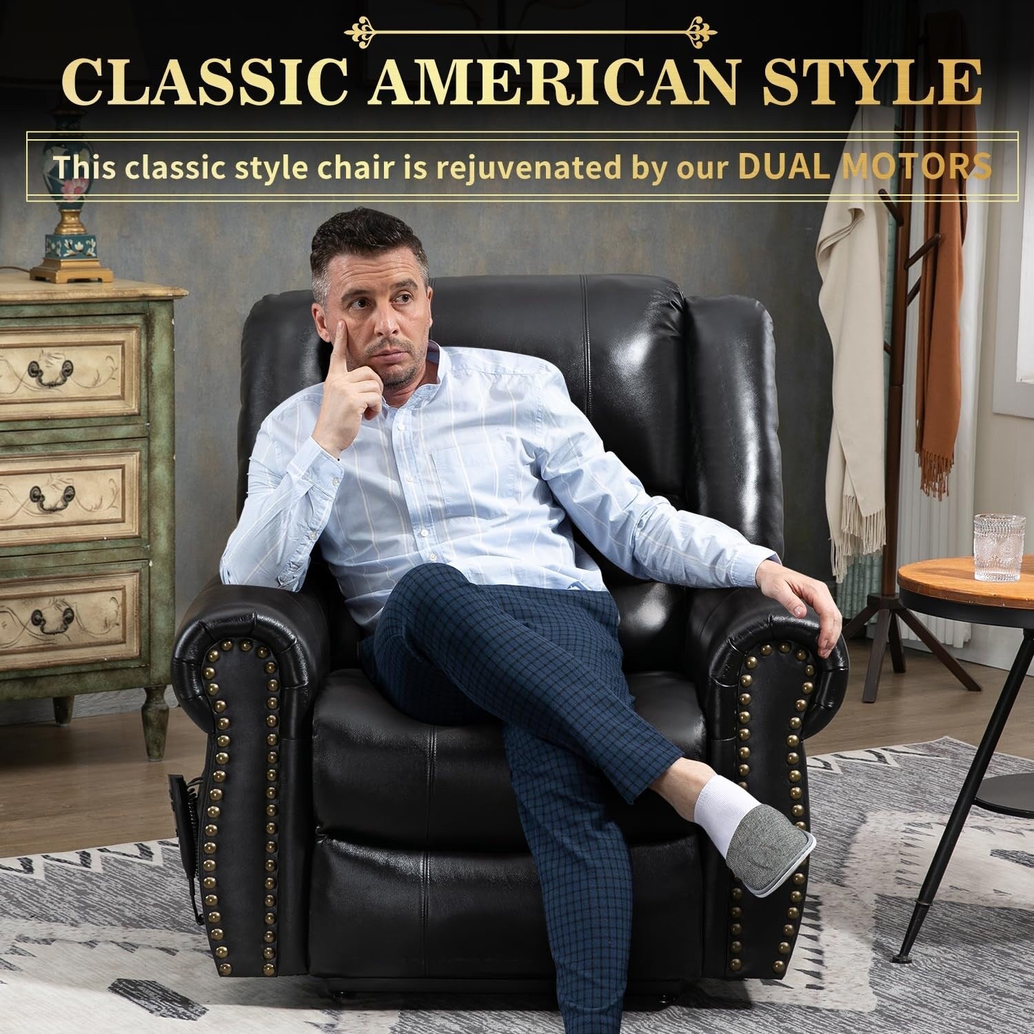Fauteuils inclinables releveurs en cuir véritable à deux moteurs, chauffage massant et ports USB