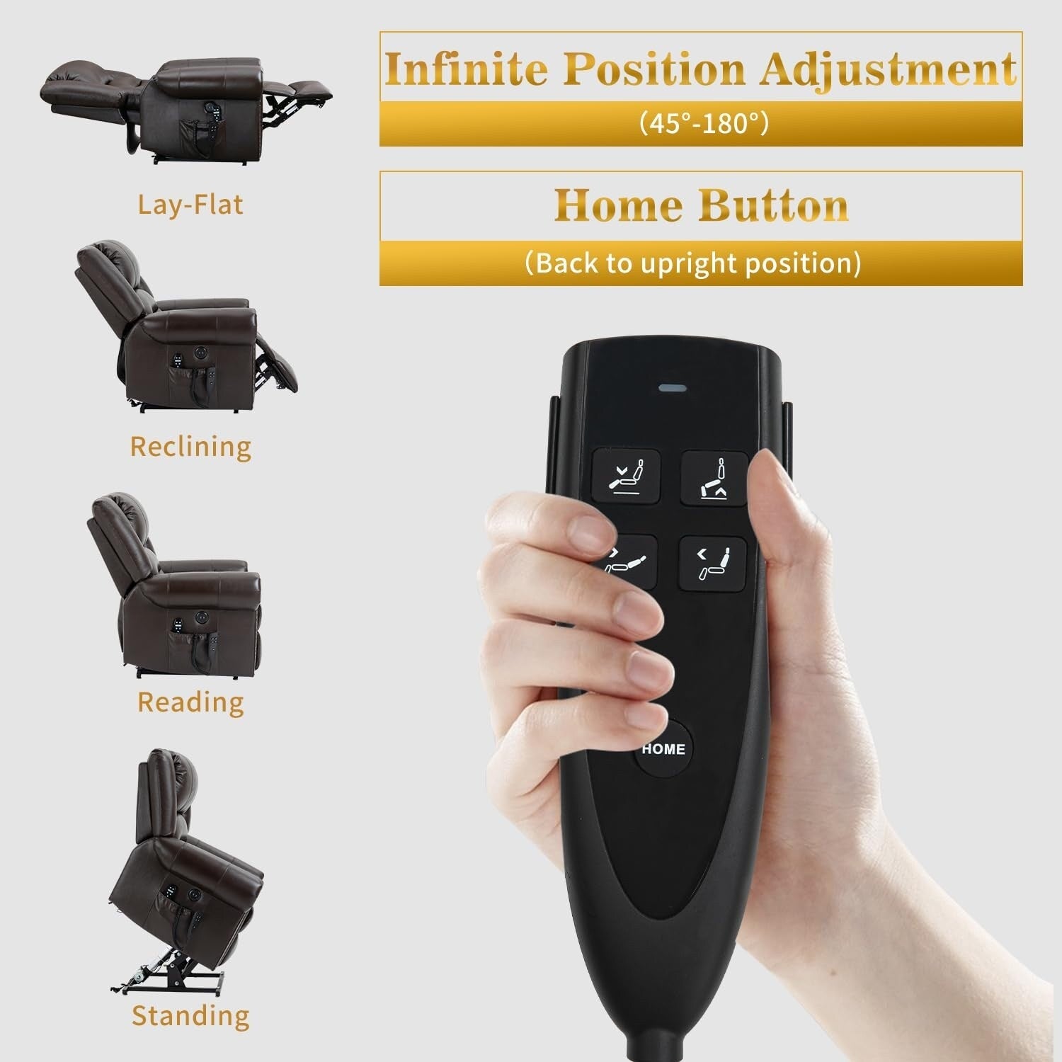 Fauteuils inclinables releveurs en cuir véritable à deux moteurs, chauffage massant et ports USB