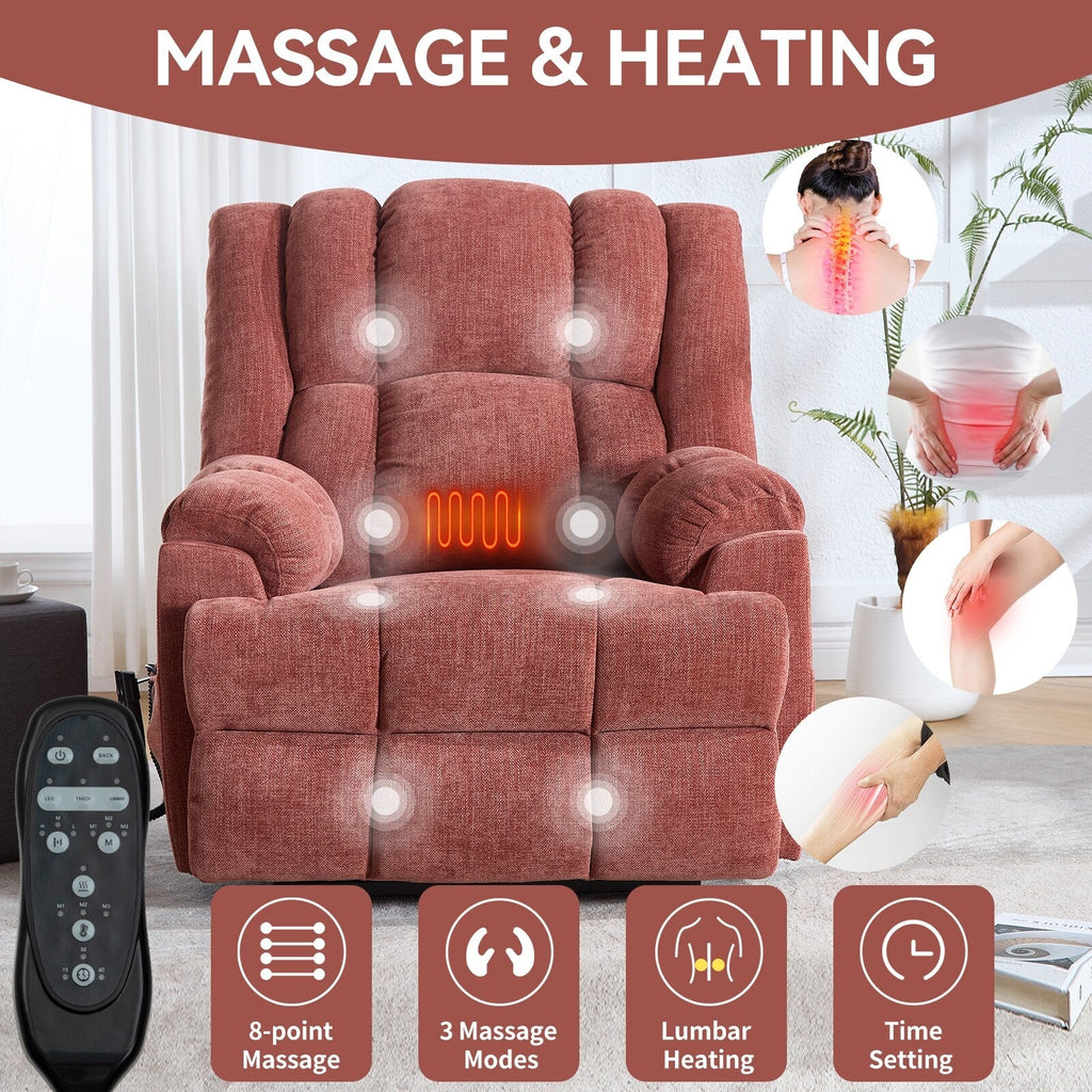 Fauteuil inclinable à double moteur, massage thermique et releveur, positions infinies