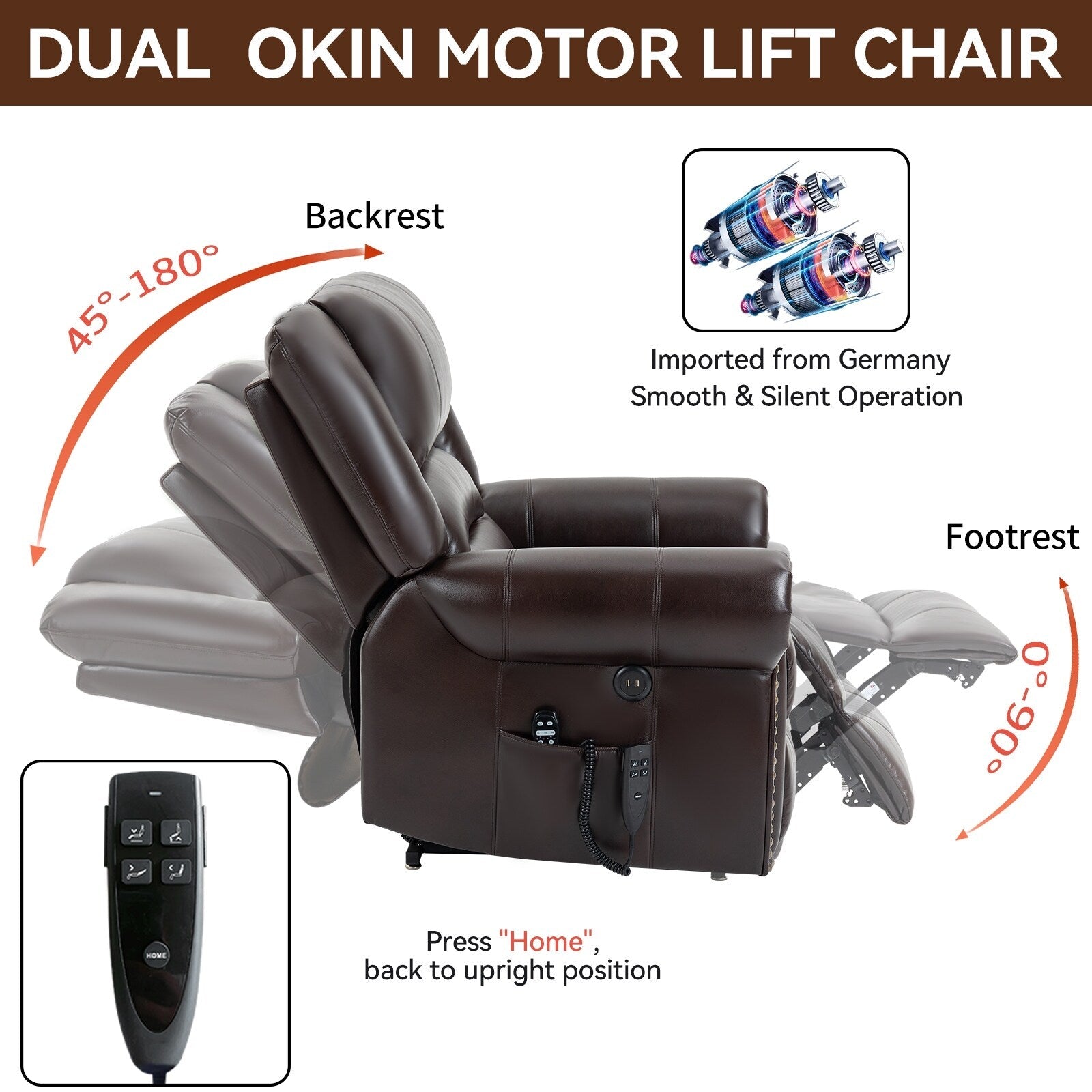 Fauteuil inclinable à double moteur, position infinie, massage thermique et électrique, mécanisme de mouvement robuste avec ports USB et poches latérales