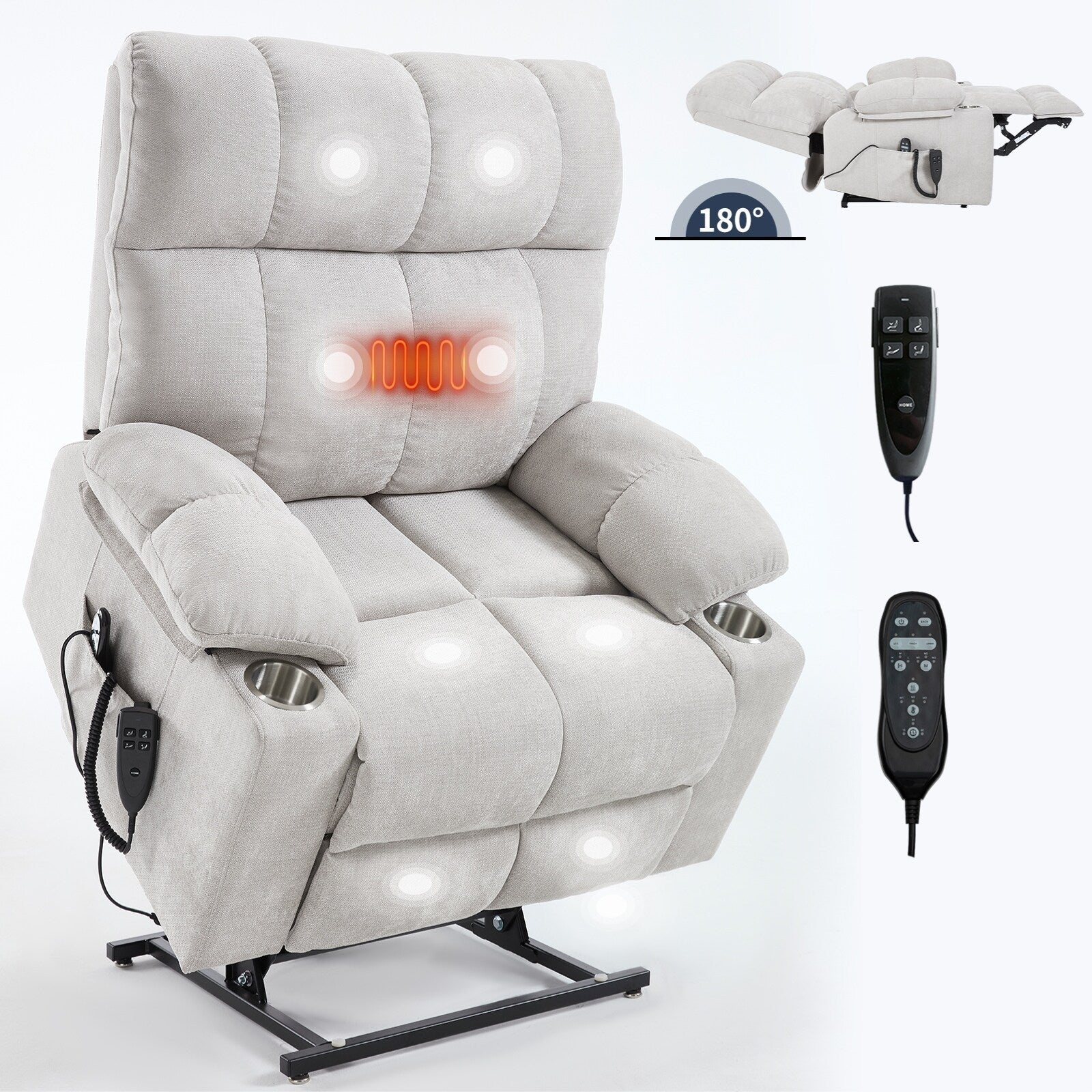 Fauteuil inclinable électrique à double moteur, position infinie, mécanisme de mouvement robuste avec massage et chauffage, deux porte-gobelets
