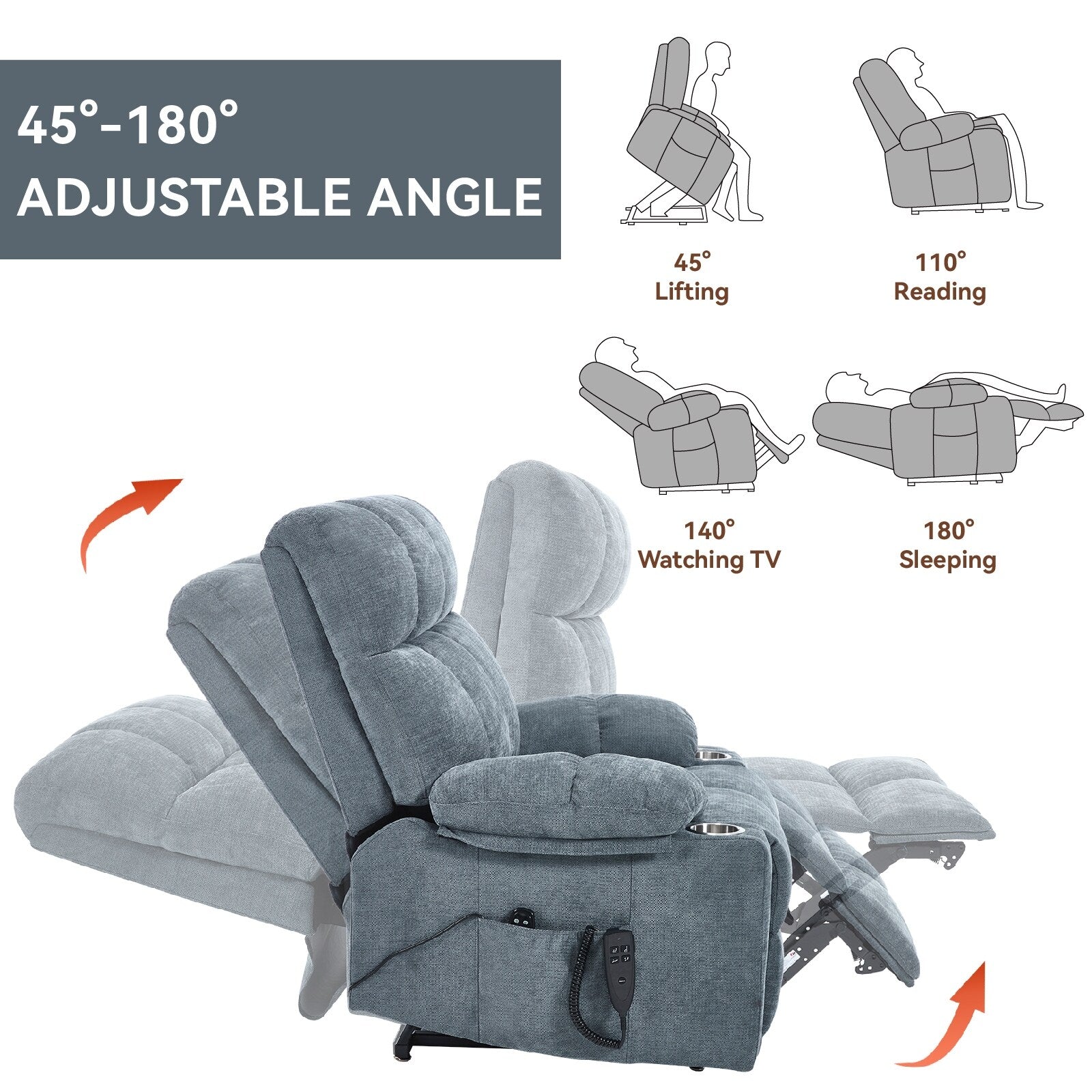 Fauteuil inclinable électrique à double moteur, position infinie, mécanisme de mouvement robuste avec massage et chauffage, deux porte-gobelets