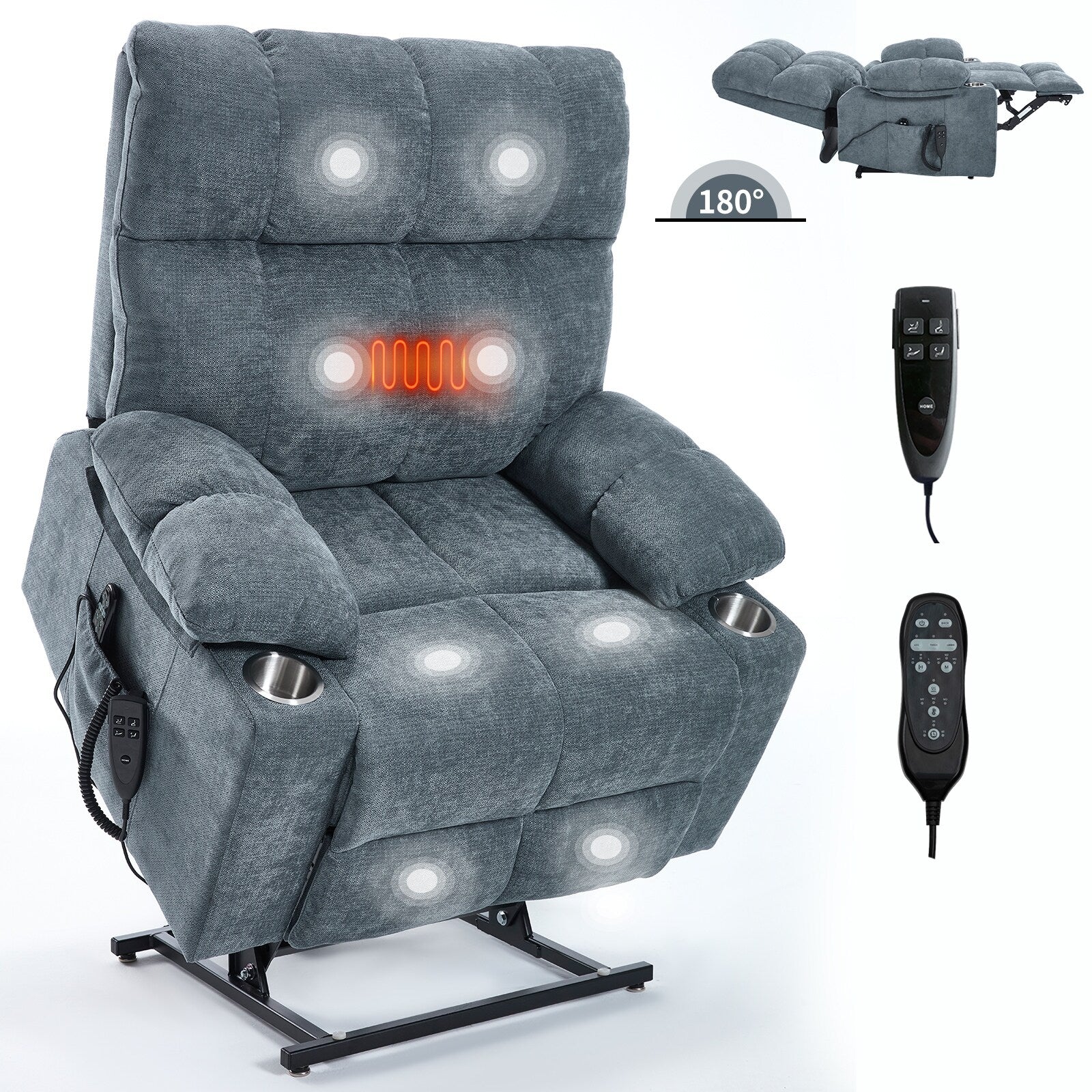Fauteuil inclinable électrique à double moteur, position infinie, mécanisme de mouvement robuste avec massage et chauffage, deux porte-gobelets