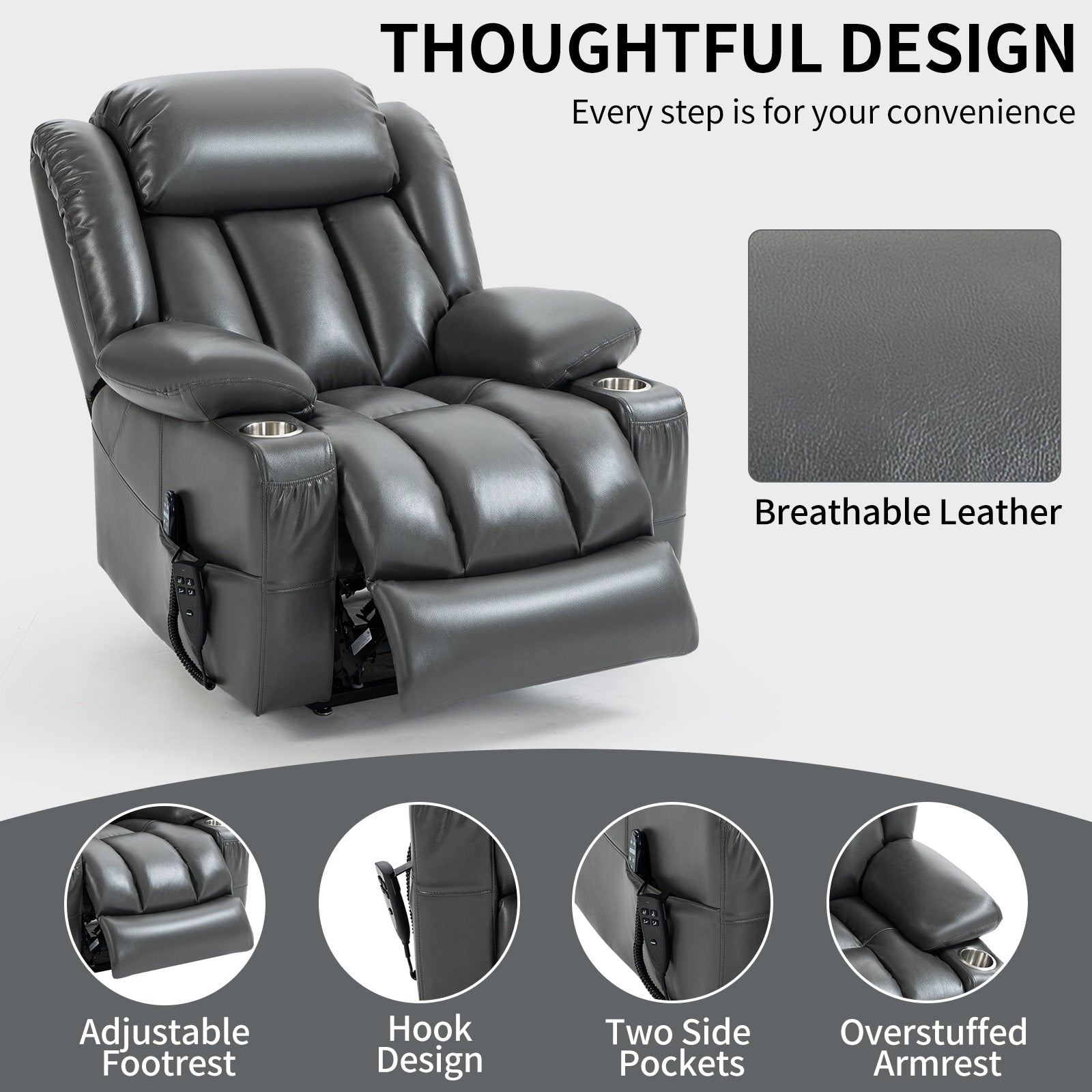 Fauteuil inclinable électrique à double moteur, position infinie, mécanisme de mouvement robuste avec massage et chauffage lombaire, porte-gobelets