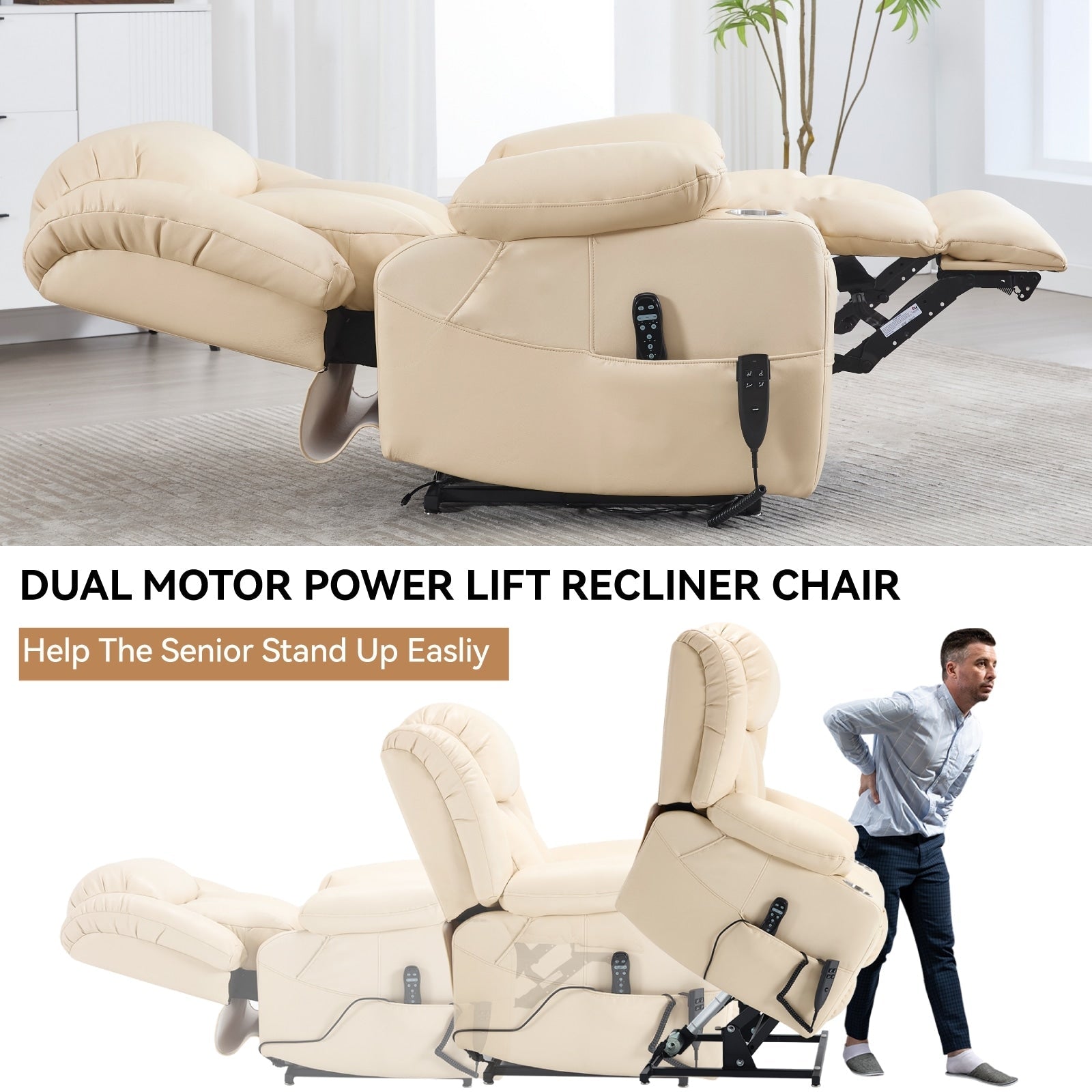 Fauteuil inclinable électrique à double moteur, position infinie, mécanisme de mouvement robuste avec massage et chauffage lombaire, porte-gobelets