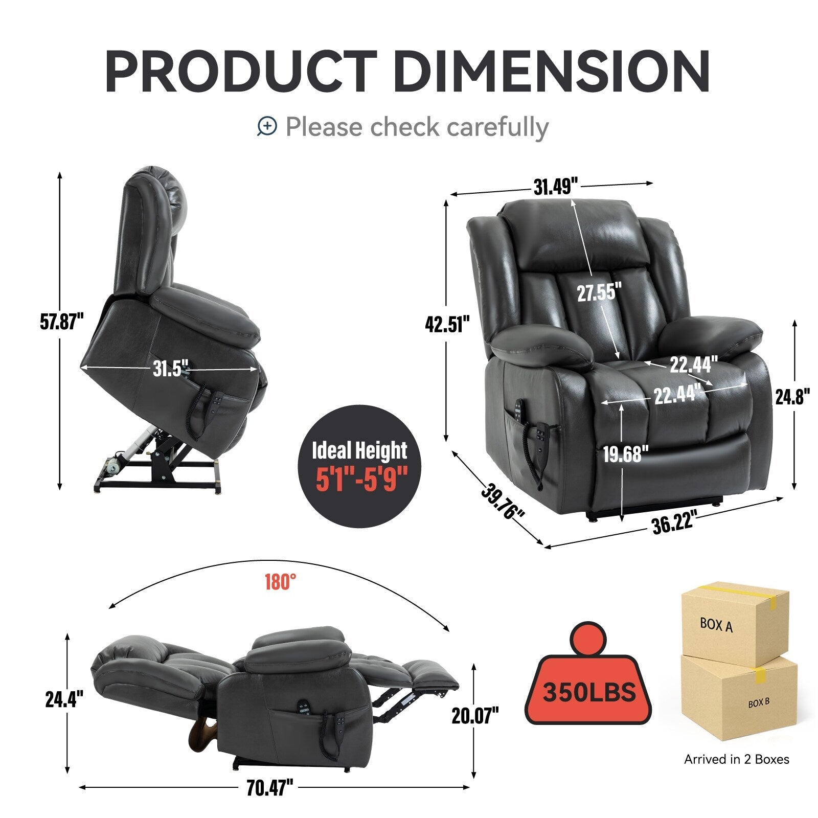 Fauteuil inclinable électrique à double moteur, position infinie, avec massage par vibration à 8 points et chauffage lombaire