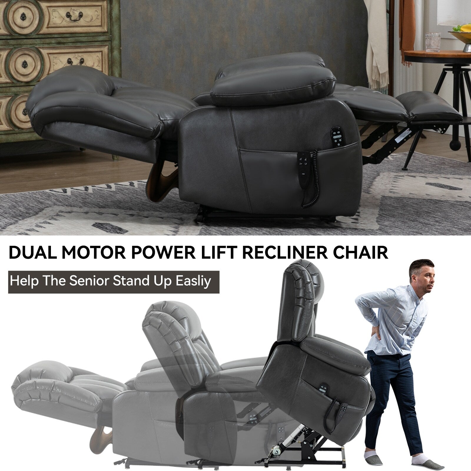 Fauteuil inclinable électrique à double moteur, position infinie, avec massage par vibration à 8 points et chauffage lombaire