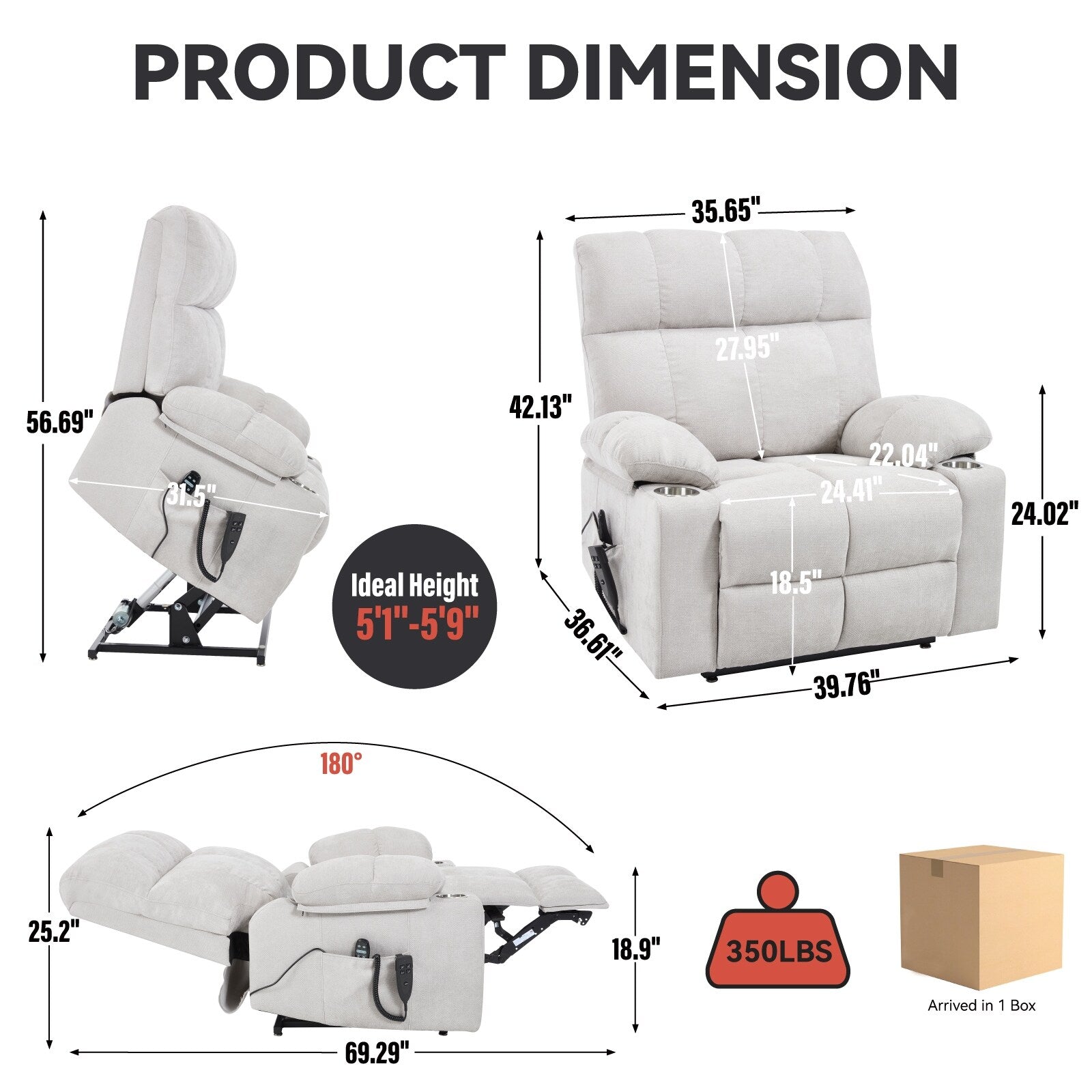 Fauteuil inclinable électrique à double moteur, position infinie, mécanisme de mouvement avec massage par vibration à 8 points et chauffage lombaire