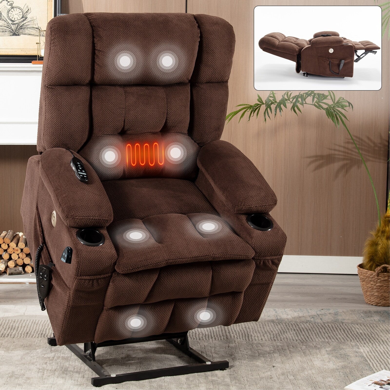 Fauteuil inclinable électrique à double moteur et position infinie, mécanisme de mouvement robuste avec chauffage lombaire, porte-gobelets et poches latérales