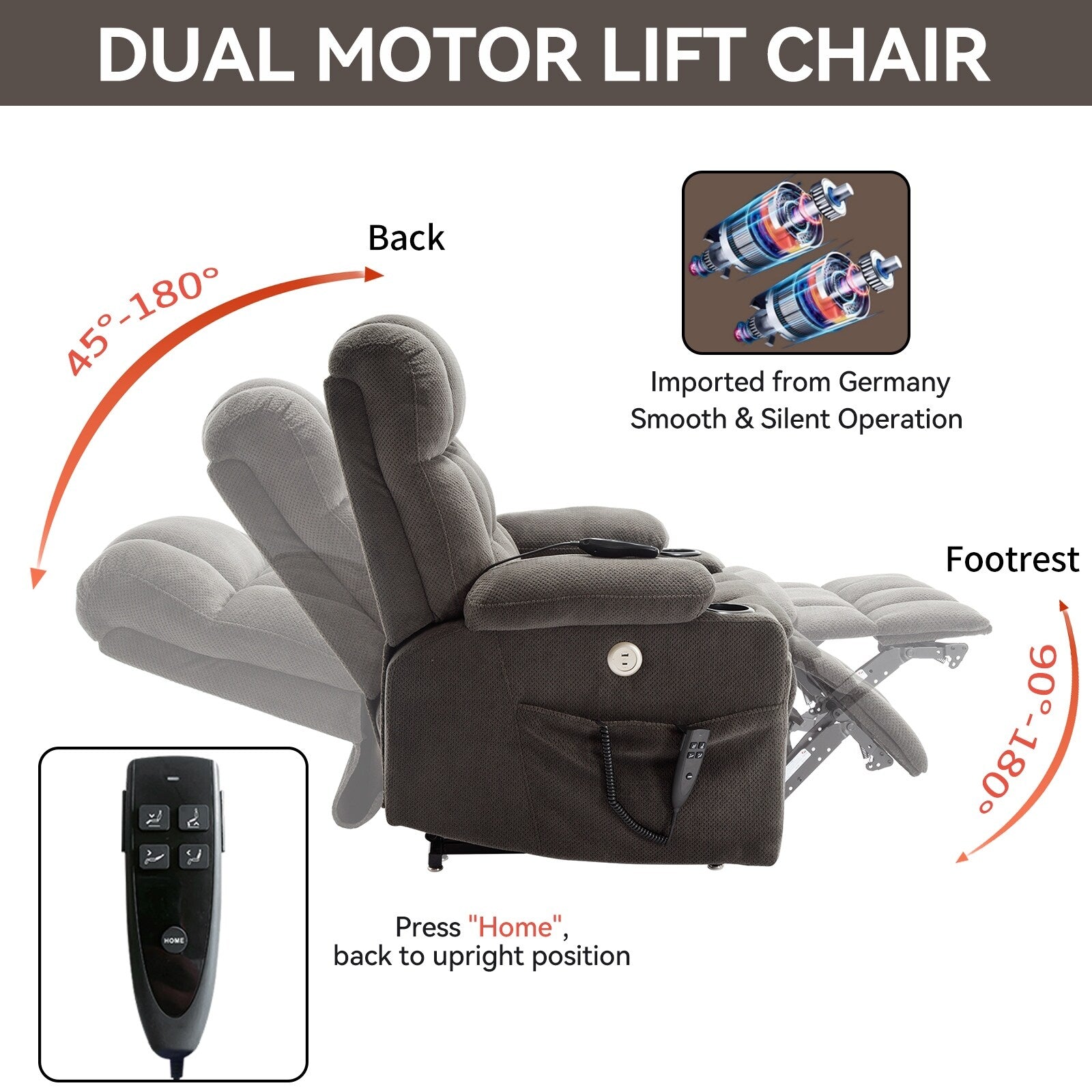 Fauteuil inclinable électrique à double moteur et position infinie, mécanisme de mouvement robuste avec chauffage lombaire, porte-gobelets et poches latérales