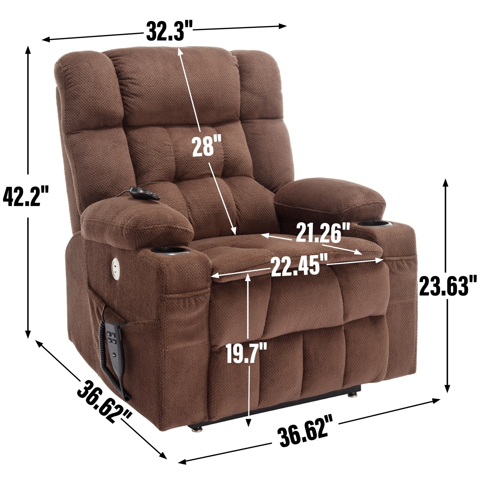 Fauteuil inclinable électrique à double moteur et position infinie, mécanisme de mouvement robuste avec chauffage lombaire, porte-gobelets et poches latérales