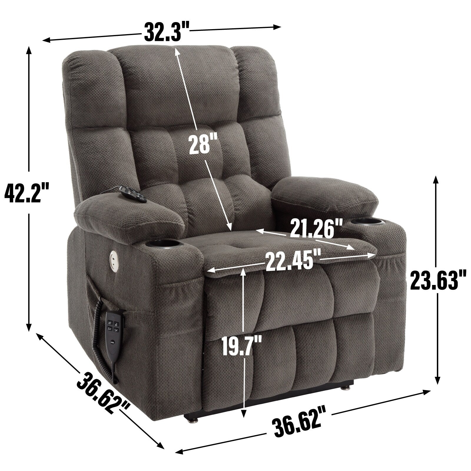 Fauteuil inclinable électrique à double moteur et position infinie, mécanisme de mouvement robuste avec chauffage lombaire, porte-gobelets et poches latérales