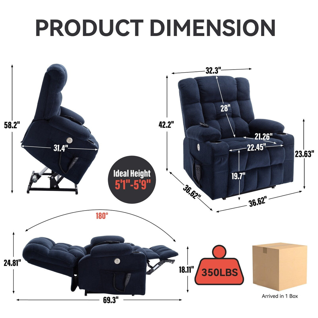 Fauteuil inclinable électrique à double moteur et position infinie, mécanisme de mouvement robuste avec chauffage lombaire, porte-gobelets et poches latérales