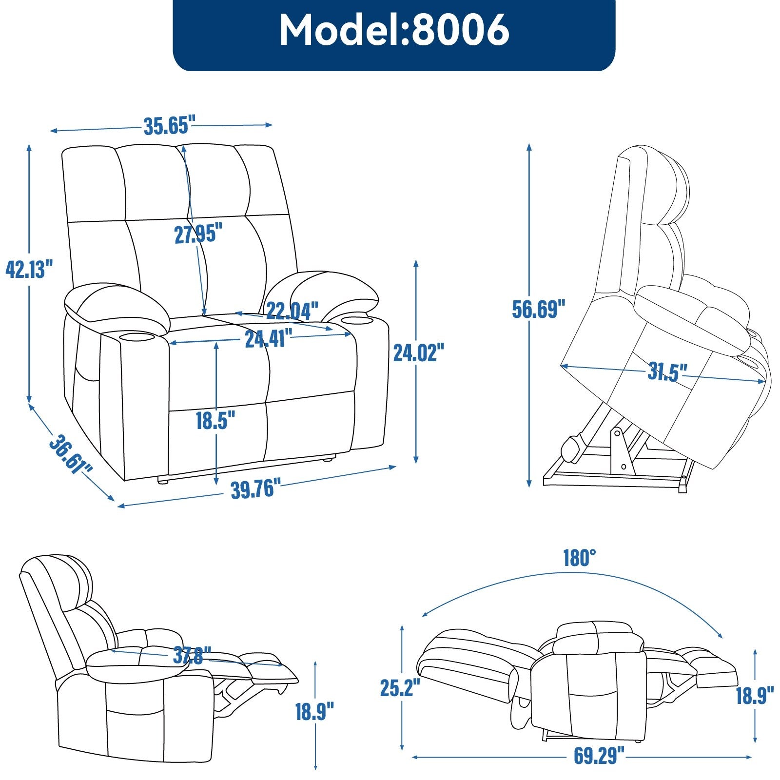 Fauteuil inclinable électrique à double moteur, positions infinies, avec massage par vibration à 8 points et chauffage lombaire, deux porte-gobelets