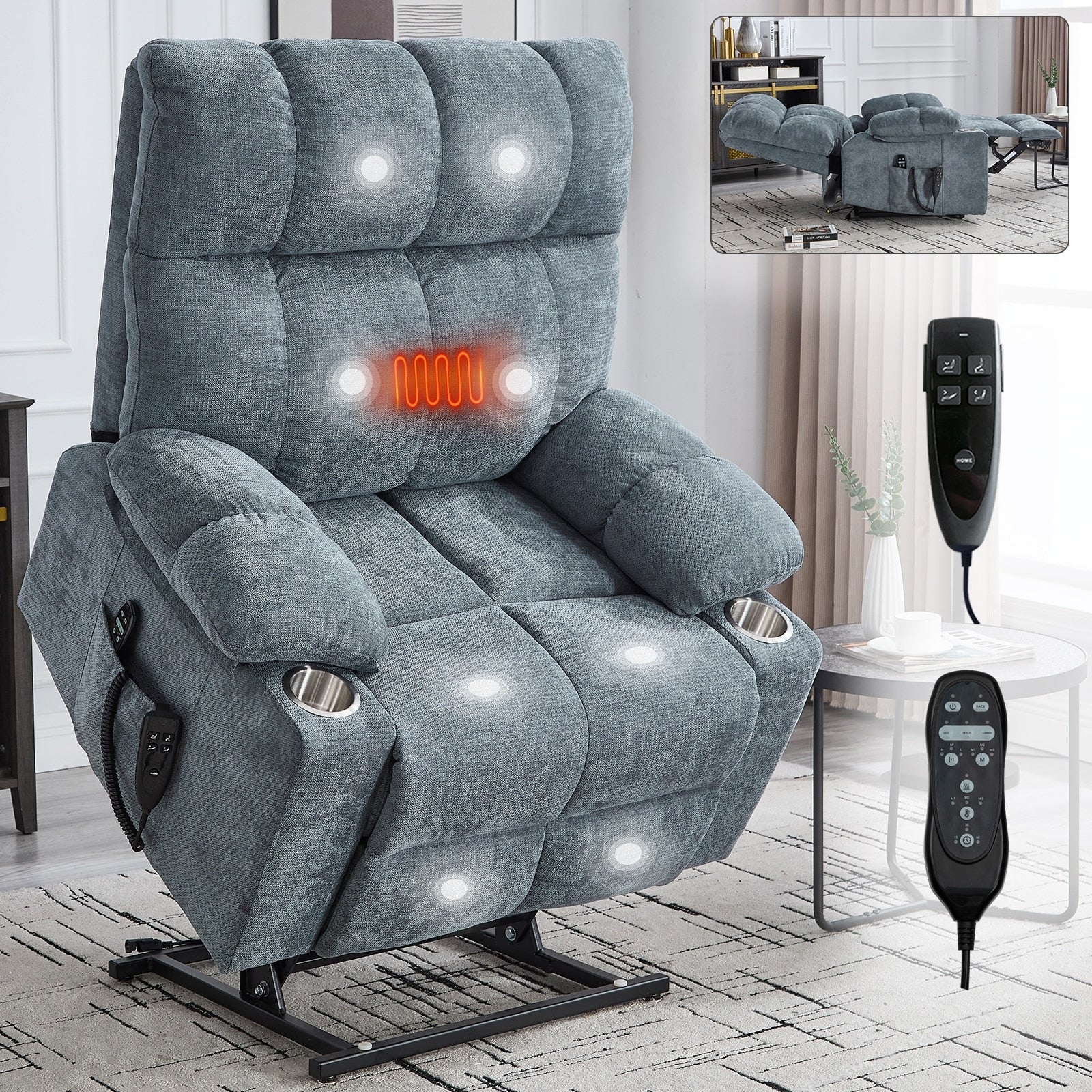 Fauteuil inclinable électrique à double moteur, positions infinies, avec massage par vibration à 8 points et chauffage lombaire, deux porte-gobelets