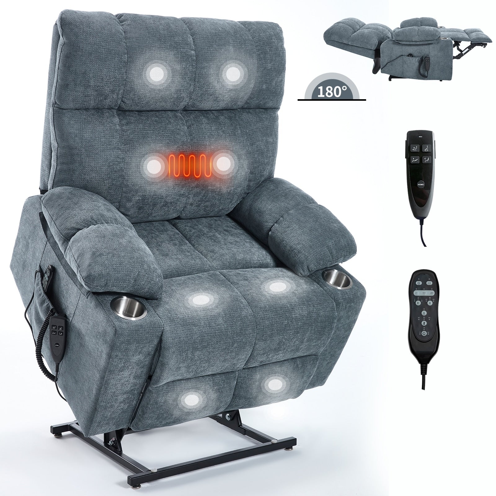 Fauteuil inclinable électrique à double moteur, positions infinies, avec massage par vibration à 8 points et chauffage lombaire, deux porte-gobelets