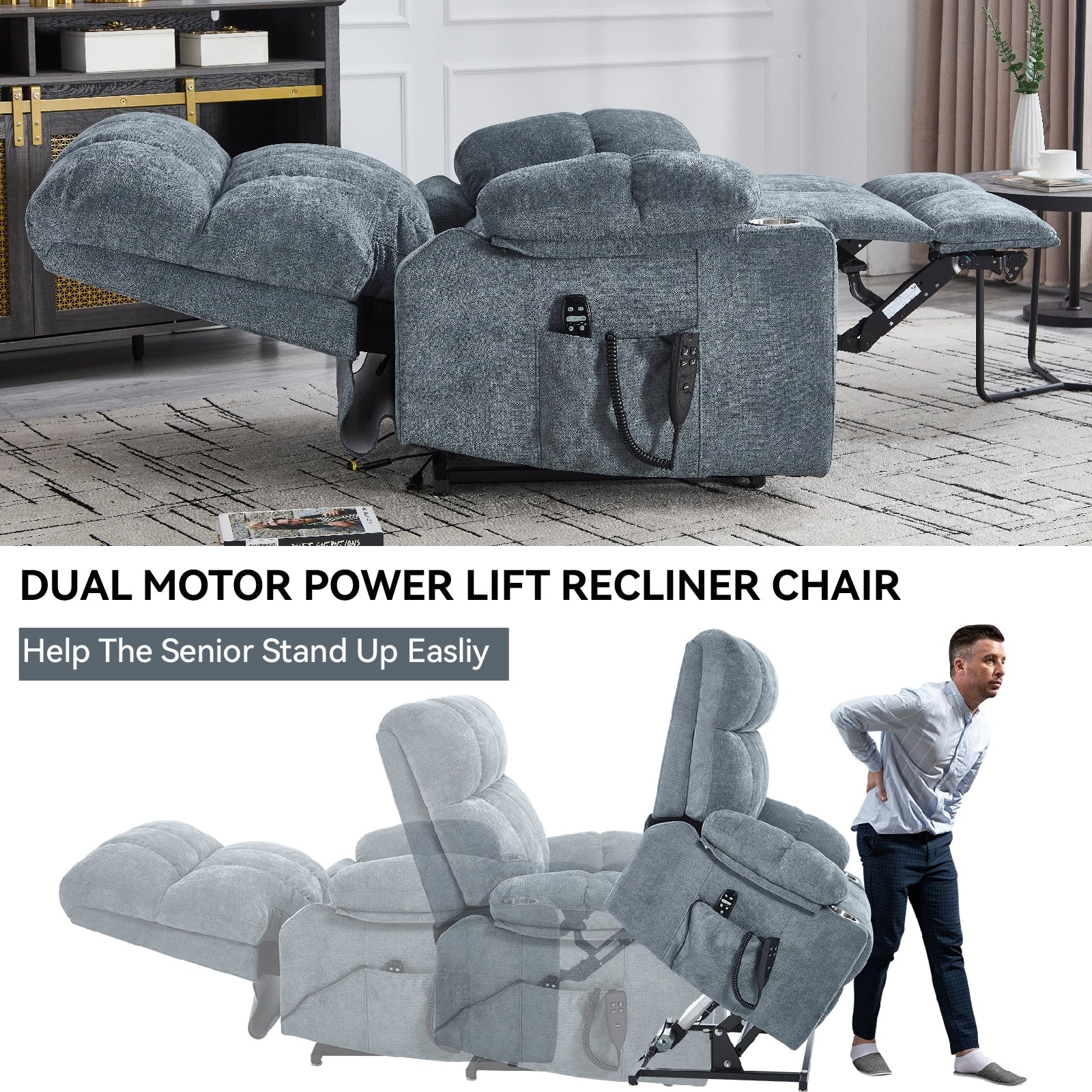Fauteuil inclinable électrique à double moteur, positions infinies, avec massage par vibration à 8 points et chauffage lombaire, deux porte-gobelets