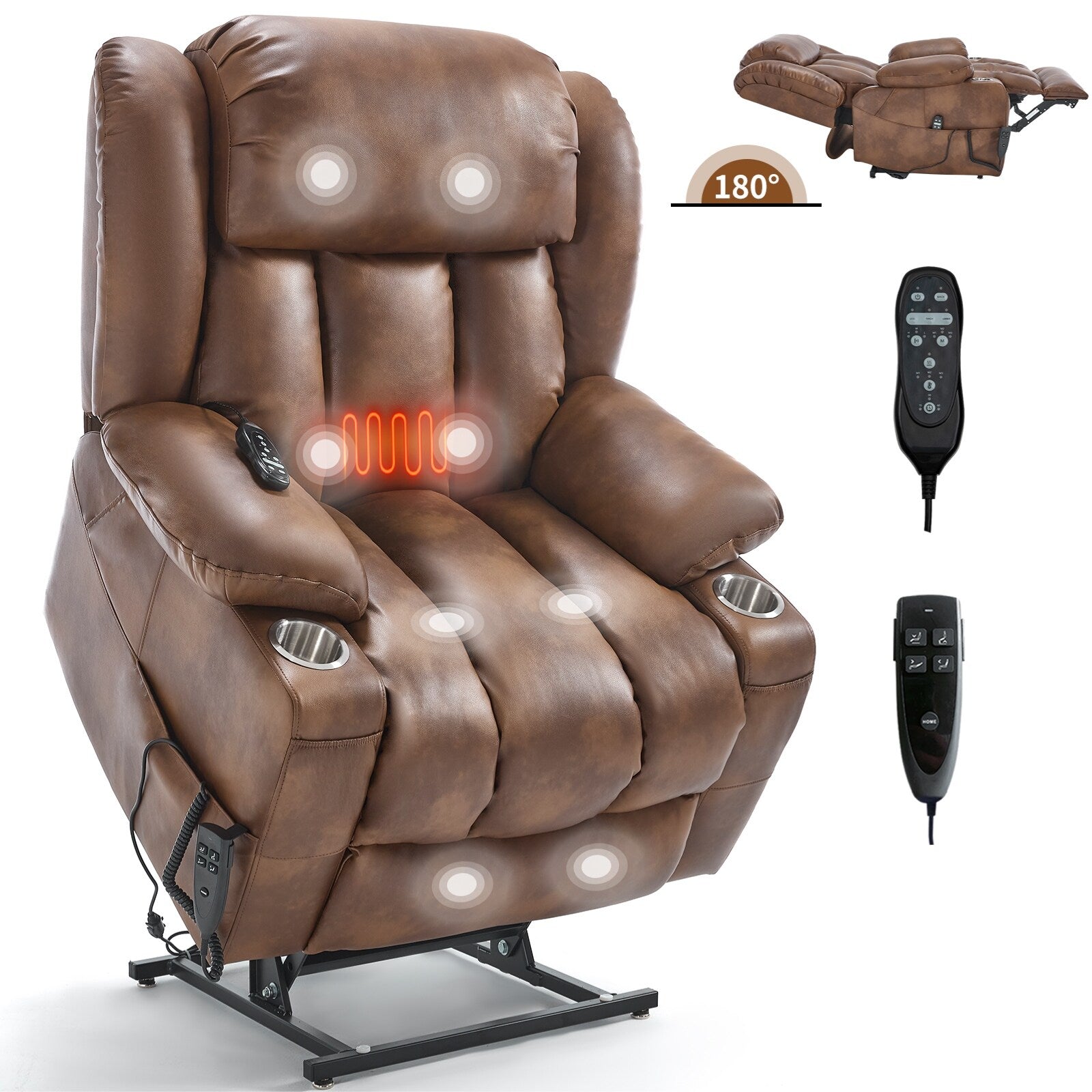Fauteuil inclinable à deux moteurs avec massage par vibration à 8 points et chauffage lombaire, porte-gobelets en acier inoxydable