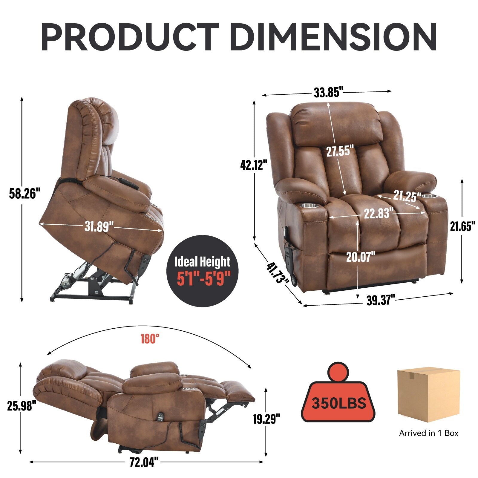 Fauteuil inclinable à deux moteurs avec massage par vibration à 8 points et chauffage lombaire, porte-gobelets en acier inoxydable