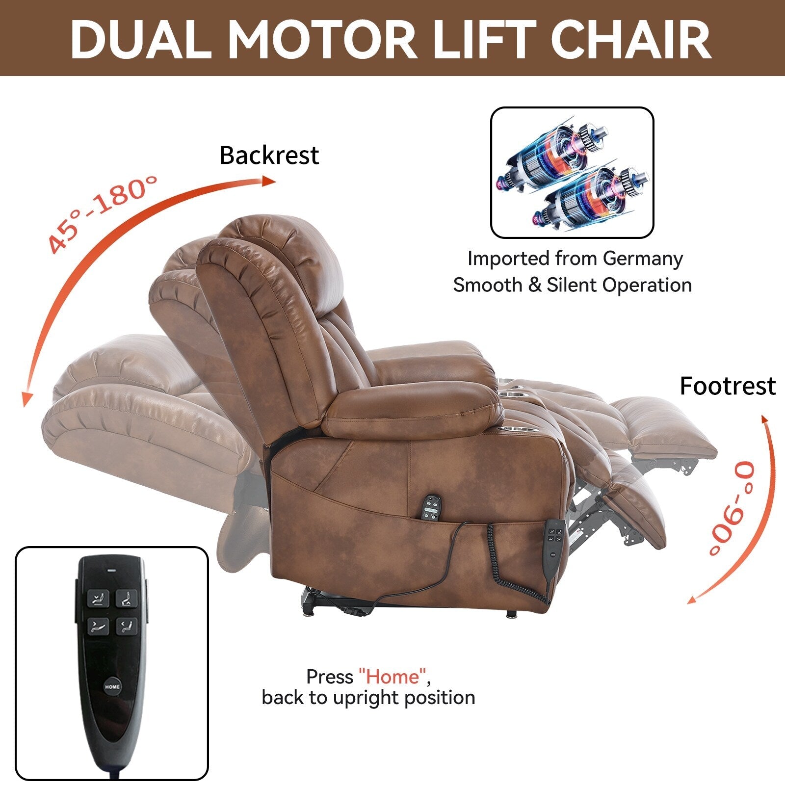 Fauteuil inclinable à deux moteurs avec massage par vibration à 8 points et chauffage lombaire, porte-gobelets en acier inoxydable