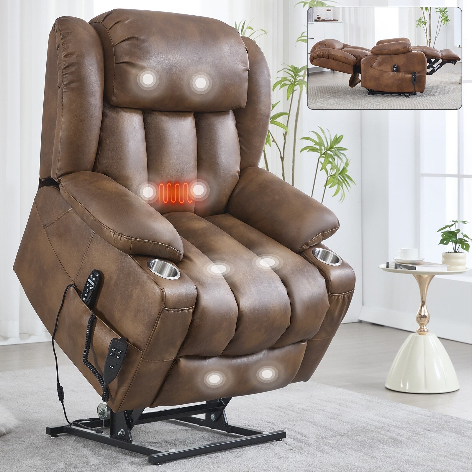 Fauteuil inclinable à deux moteurs avec massage par vibration à 8 points et chauffage lombaire, porte-gobelets en acier inoxydable