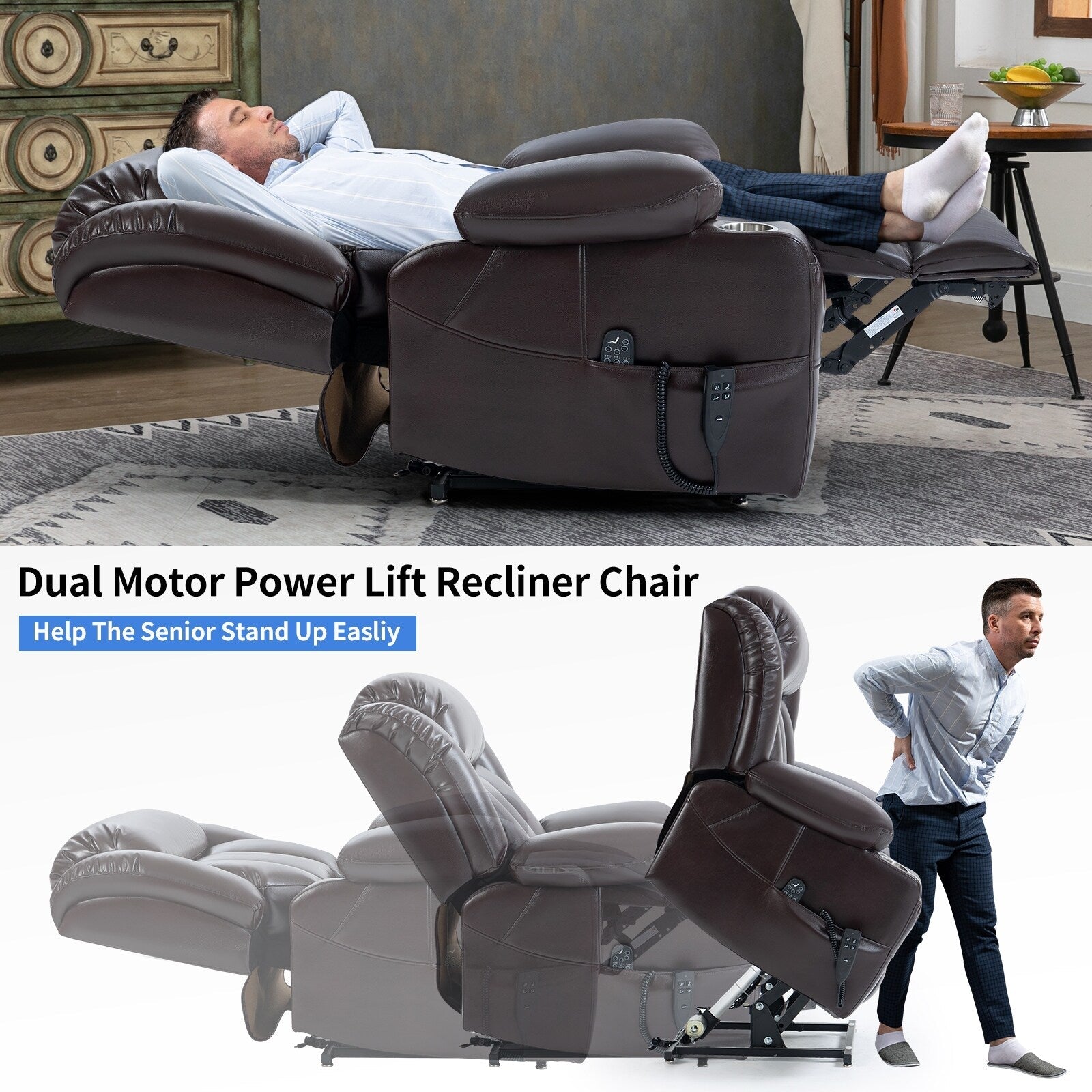 Fauteuil inclinable électrique Leatherair à double moteur, position infinie, jusqu'à 350 lb, mécanisme de mouvement robuste